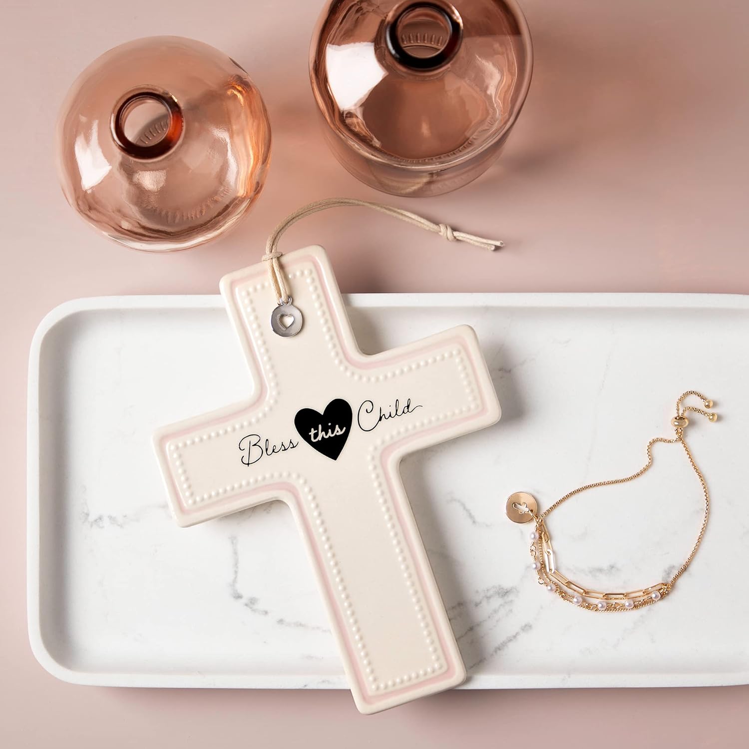 DEMDACO Bless This Child Pink 7.5 x 5.5 Inch Ceramic Stoneware Hanging Wall Cross