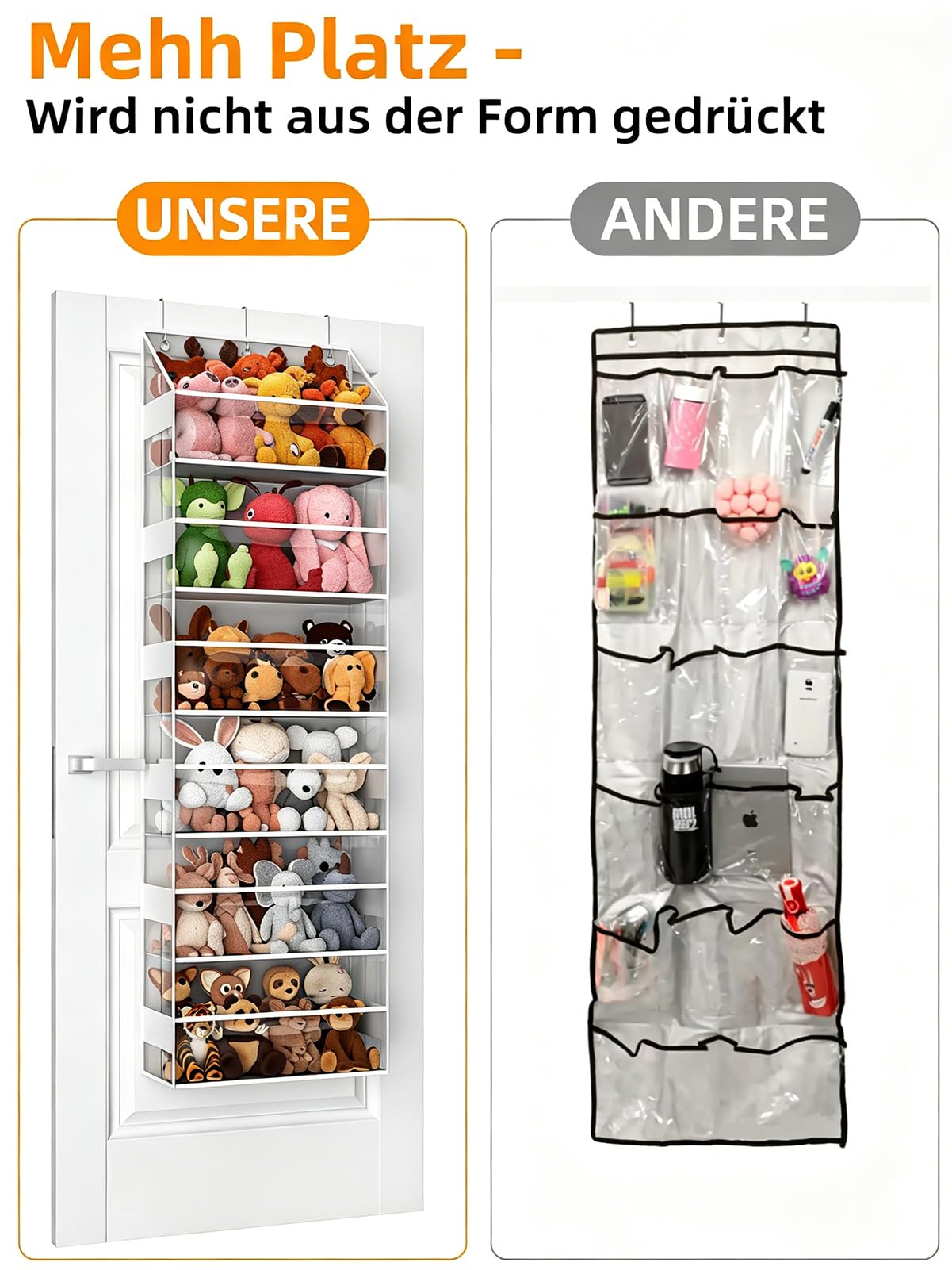 Organizzatore sospeso per porta – 6 piani per animali di peluche, organizzatore da bagno e conservazione, organizer da appendere per giocattoli/articoli per bambini (trasparente)