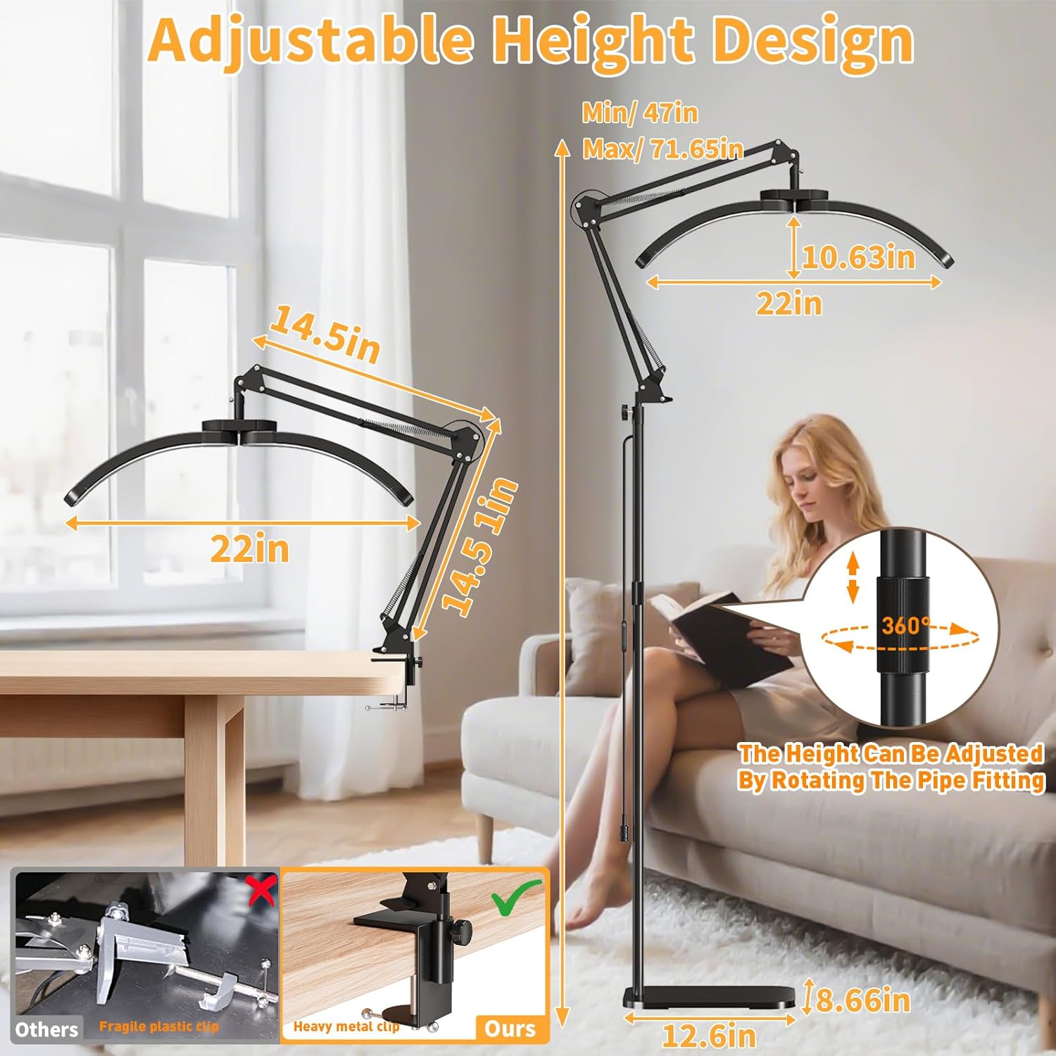 New Upgrad 2-in-1 Lash Light for Eyelash Tech, Foldable LED Half Moon Floor Lamp, Esthetician Light for Tattoo Art, Nail, Craft,Extensions - Adjustable Brightness Color, Rotating Arm(Black)