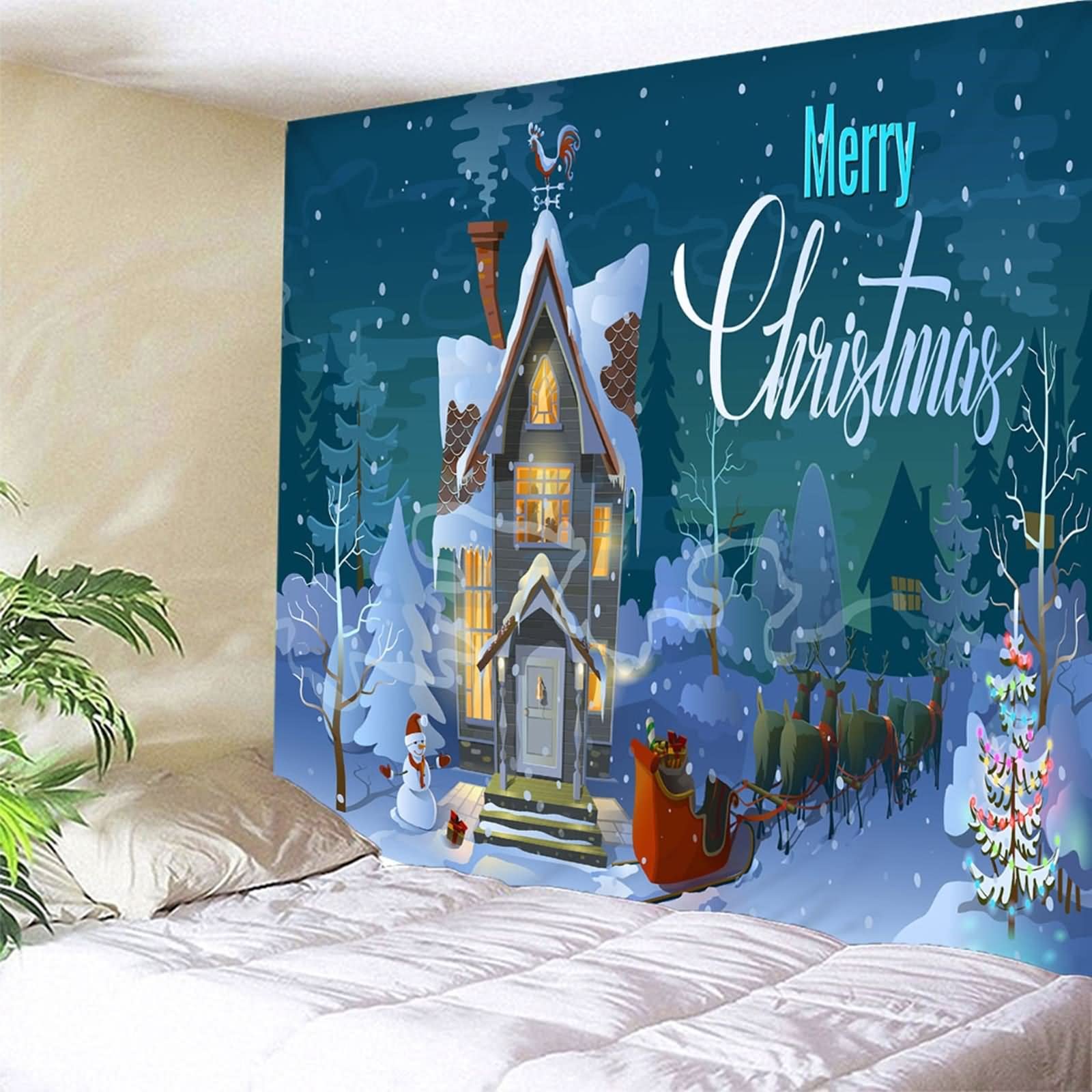 Tapiz Tela, Tapiz Navideño Ciervo Muñeco de Nieve con Árboles y Casa Azul Verde Blanco Poliéster 200X200cm