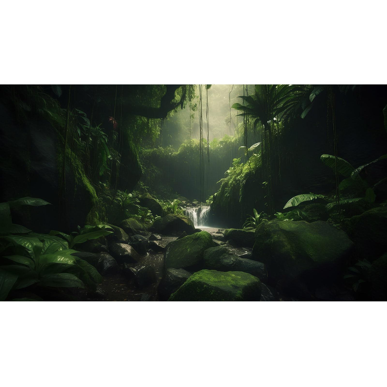 Foggy Forest Terrarium Background Stone Green Tree Stream Scenery Tropical Rainforest Aquarium Background Durable Reptile Habitat Background Mysterious Vinyl Tank Background 48x18in