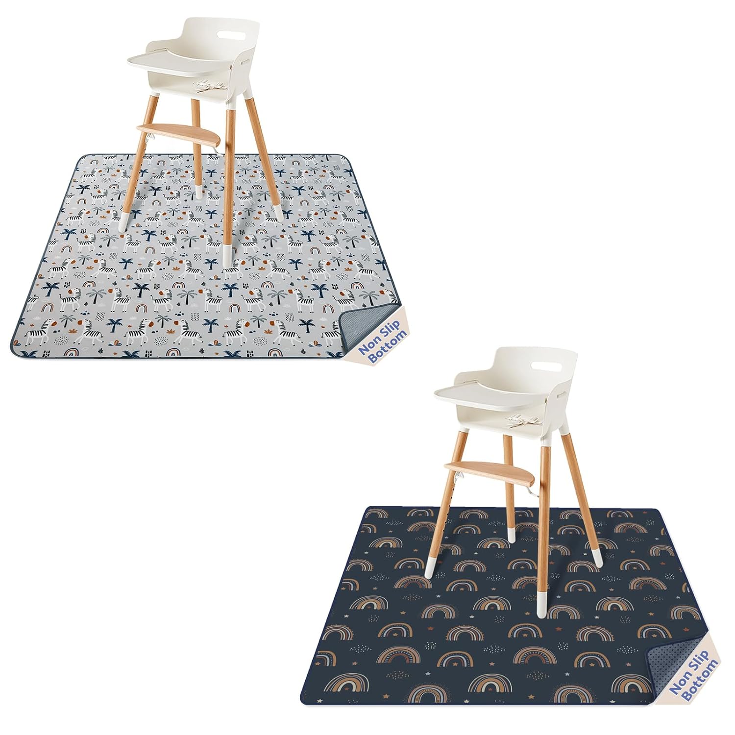 Blissful Diary Splat Mat Retro Rainbow & Gray Zebra Bundle - 2 Pack - 51" x 51" - Multicolor - TPU - Rectangular - Machine Washable - Anti-Slip - Perfect for High Chairs, Playtime & Picnics