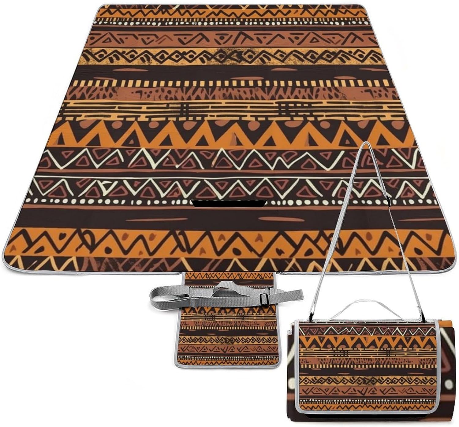 African Mud Cloth Tribal Waterproof Picnic Blanket 58.3''x58.3'',Portable and Foldable Picnic Mat with Handle,Outdoor Blankets for Lawn Park Beach Travel