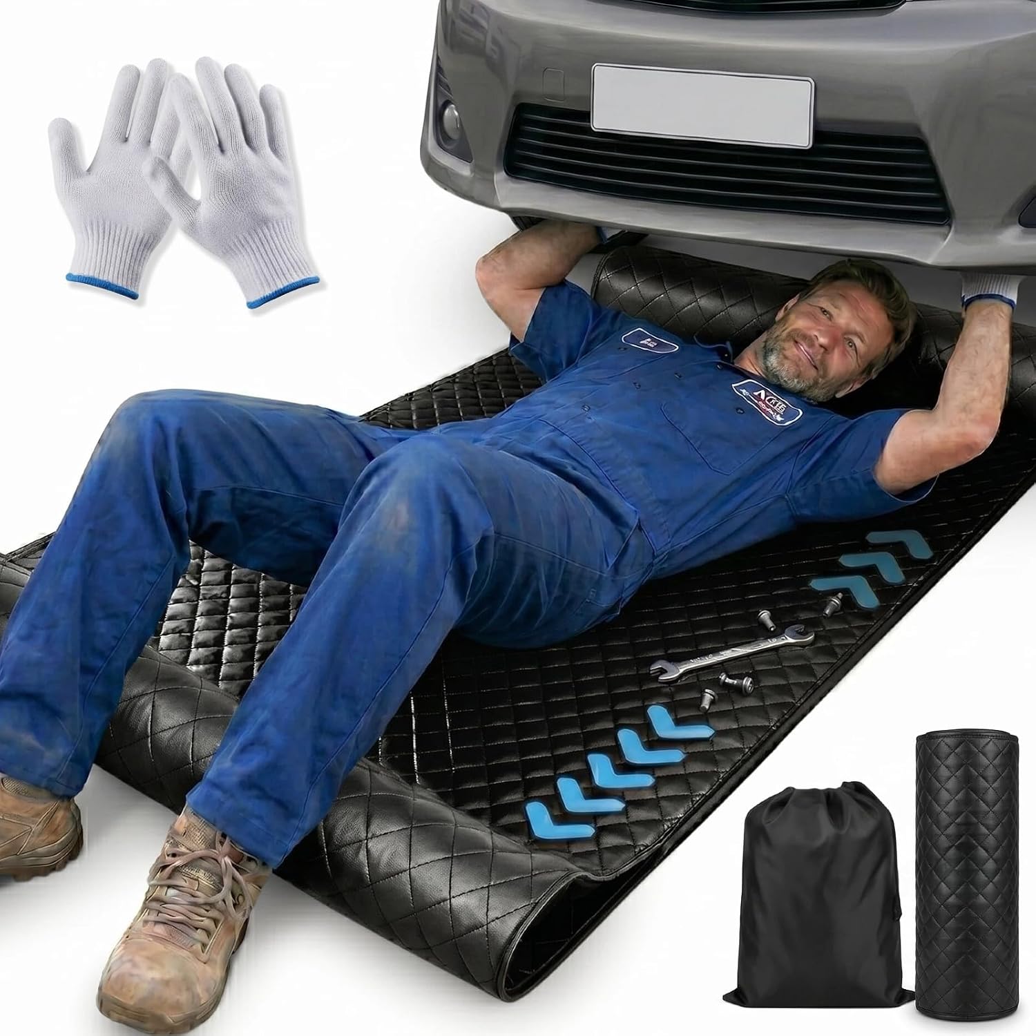 60 x 28 in Rolling Creeper Mat, Foldable Mechanic Mat with Work Gloves | More clearance under low cars, two-layer comfort on hard ground, compact strap-down storage, plus included work gloves