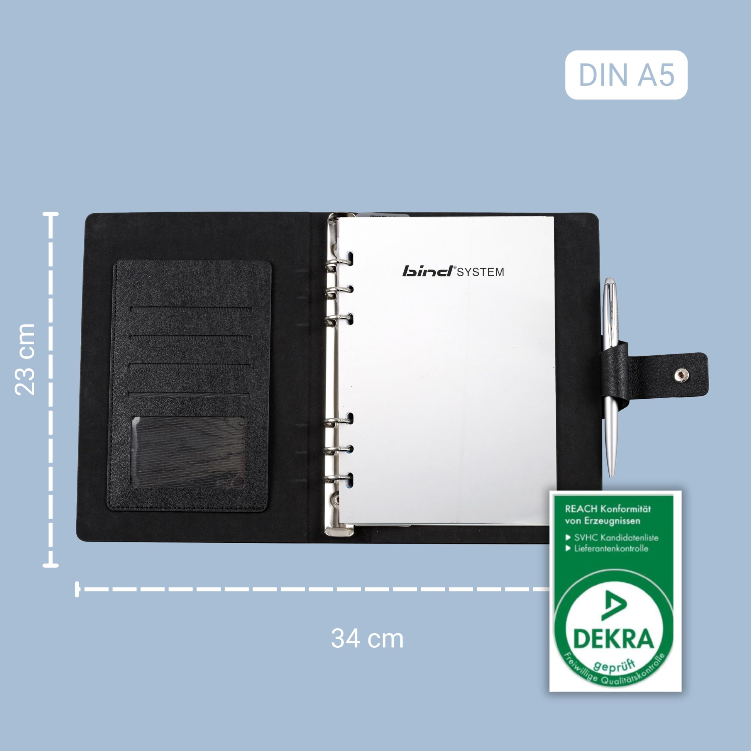 bind 15801 - Terminplaner mit Ringmechanik DIN A5, Organizer aus Lederimitat, Systemplaner in schwarz, Kalender mit 4 Visitenkartenfächern, Stiftschlaufe, Terminkalender mit System 1 Woche / 2 Seiten