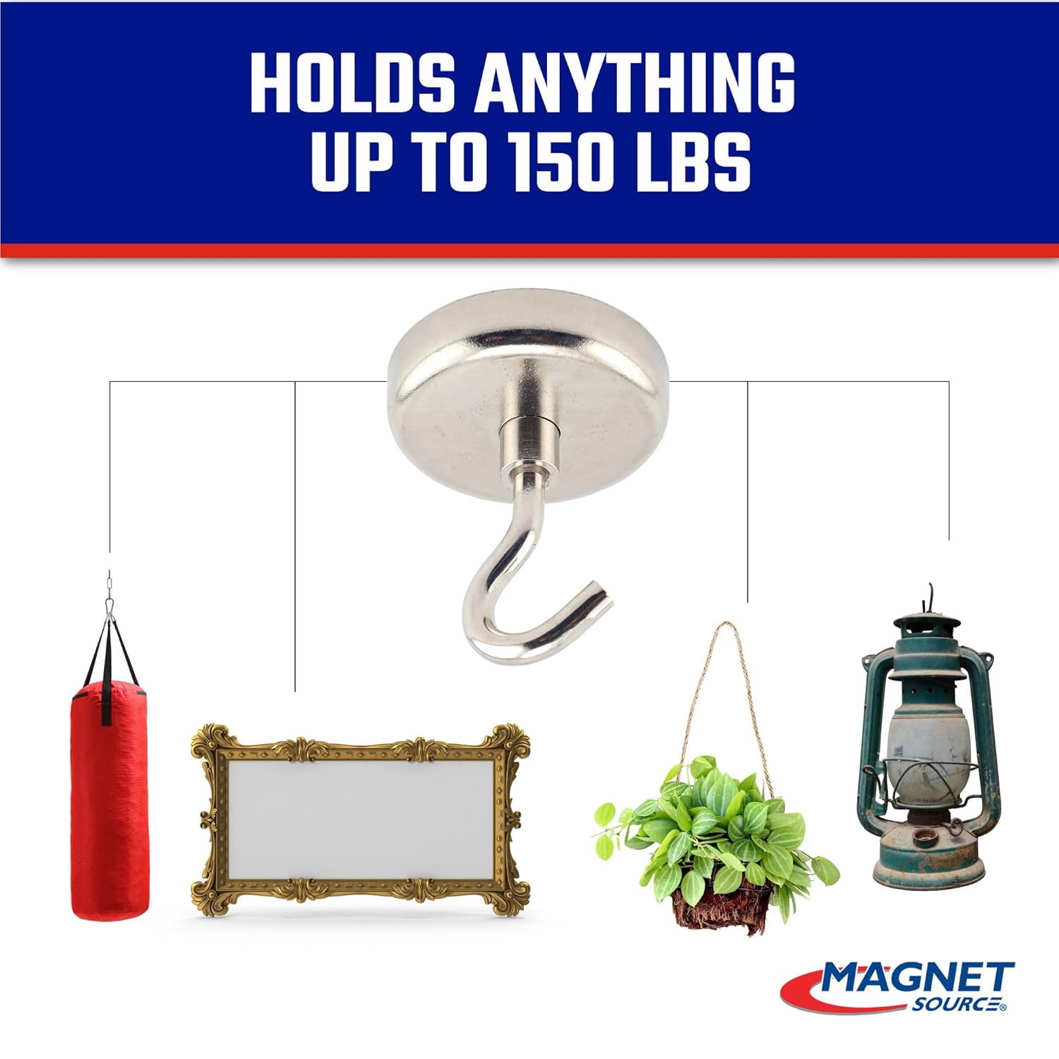 Master Magnetics Neodymium Retaining Magnet with Hook - Strong Magnets for Hanging Lights, Signs, and More - Nickel-Plated - 150 lb Hold - 1.65" D - 2.18" H