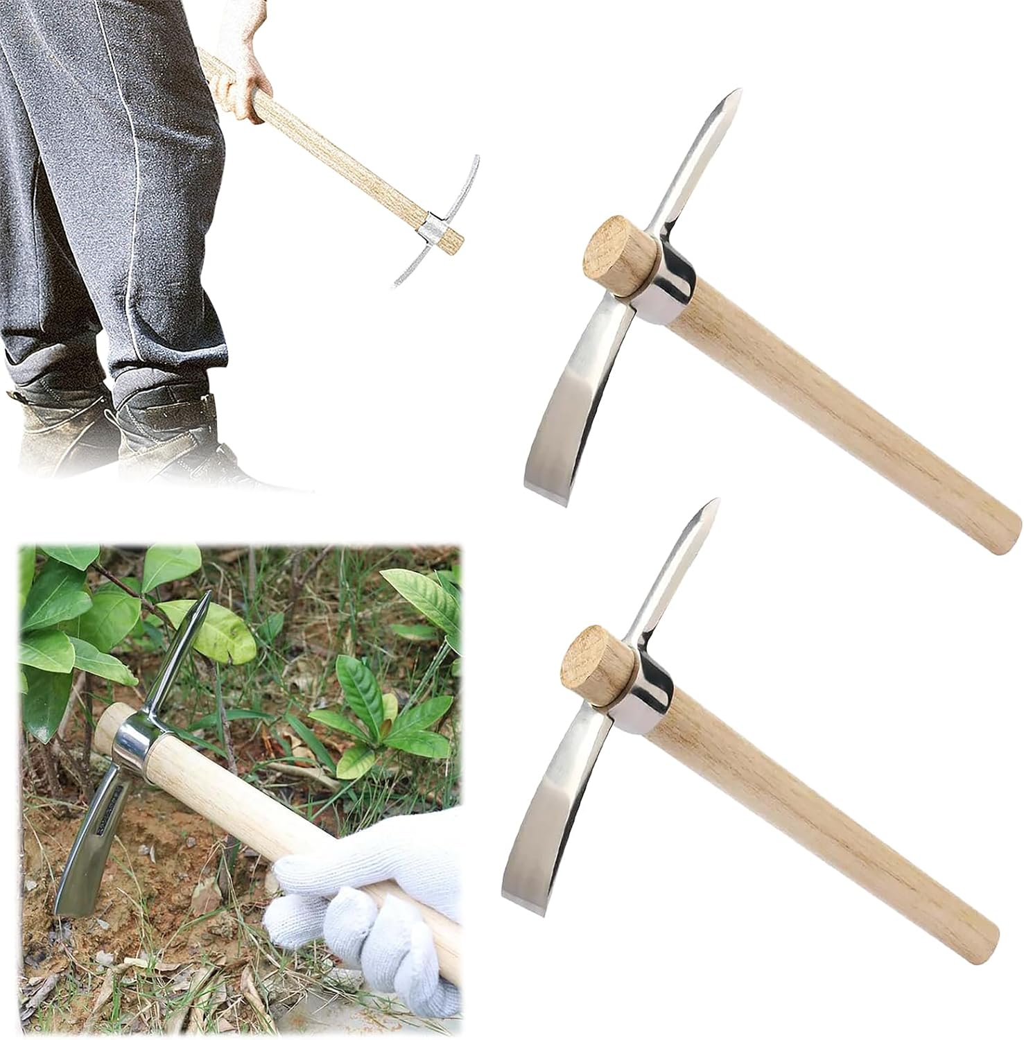 Gardening Pick Axes, Stainless Steel Double Headed Pickaxe Mattock Hoe with Wooden Handle, Heavy Duty Garden Pick Axe for Garden Weeding, Digging Transplanting Digging Planting Loosening Soil (S-2PCS)