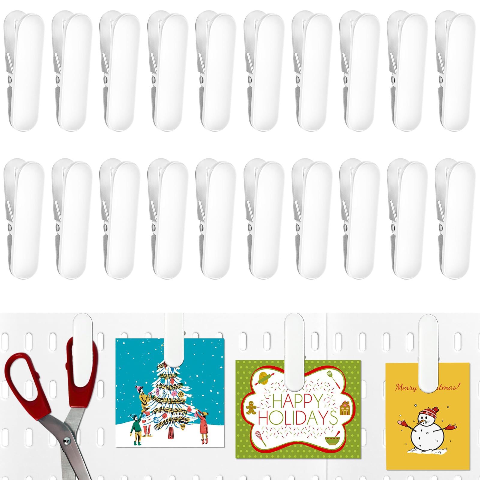 Akamino 20 White Pegboard Clips - Pegboard Accessories Combination Wall Organizer, Metal Attachment for Home, Office Decoration & Art Craft Display