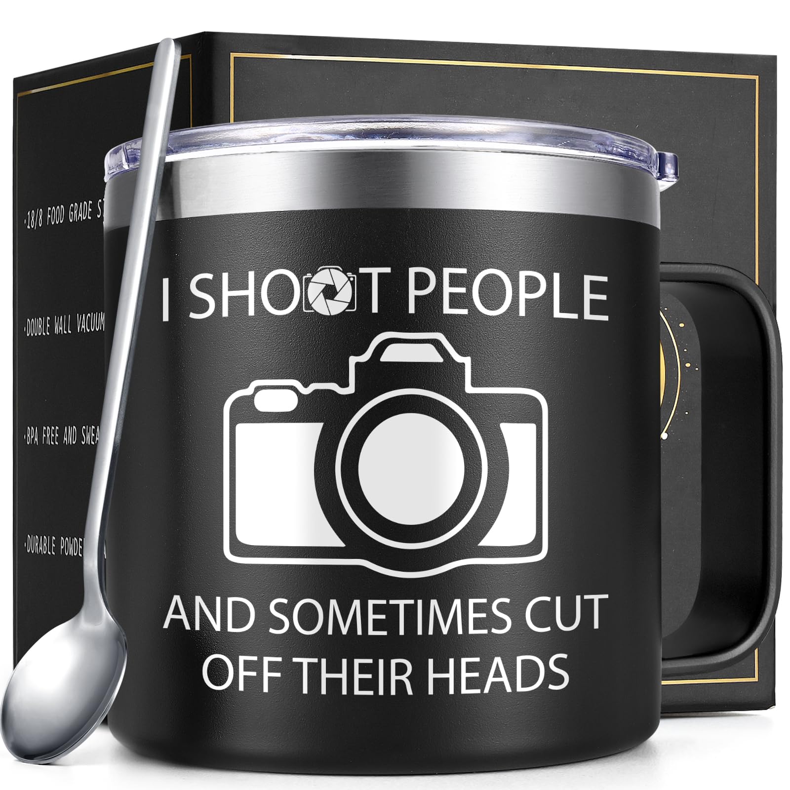 LifecapidoPhotographer Gifts, I Shoot People and Sometimes Cut Off Their Heads 14 oz Insulated Coffee Mug, Gag Gifts, Birthday Gifts Christmas Gifts for Photographers, Photography Lovers, Black