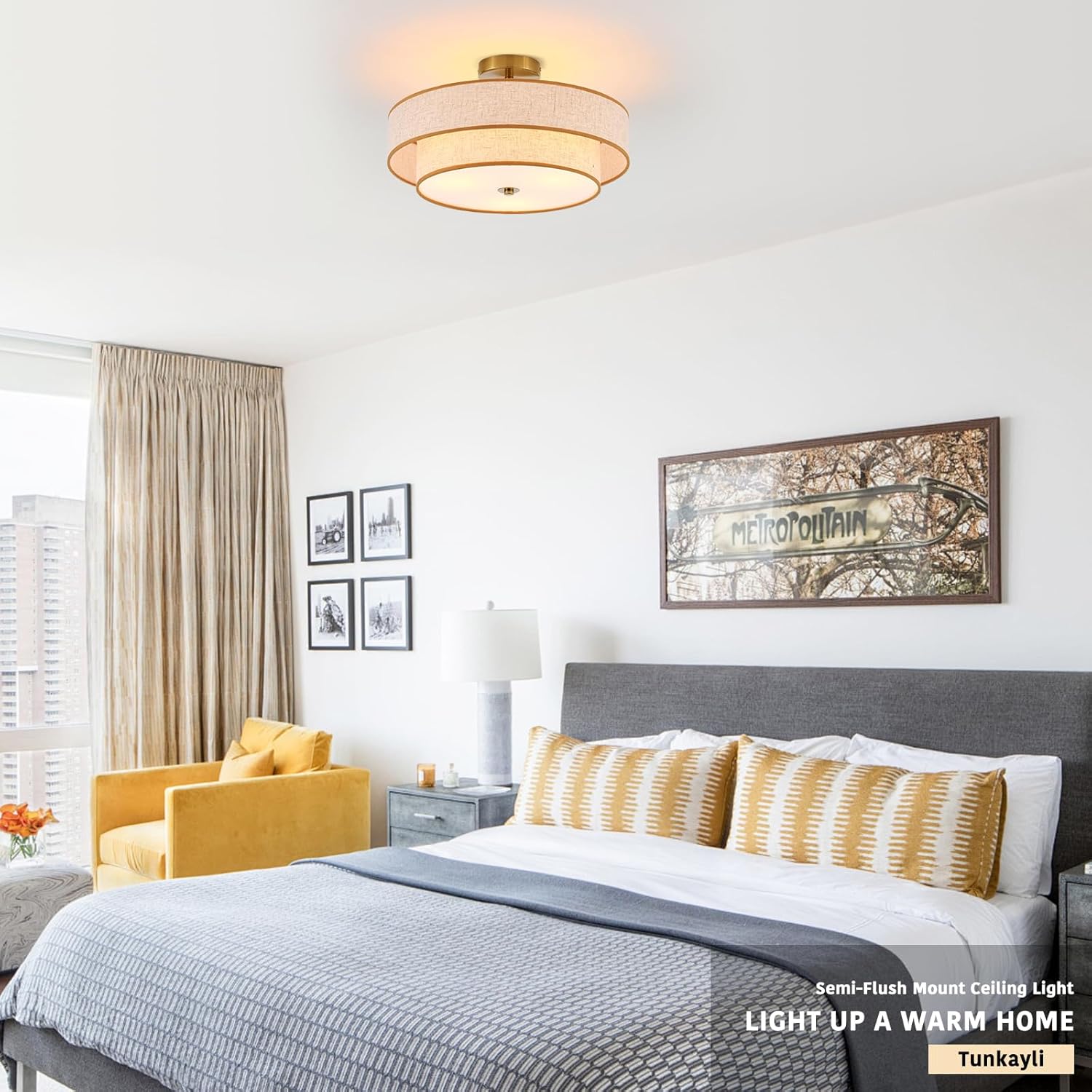 3-Light Drum Semi Flush Mount Ceiling Light, 18" Modern Gold Ceiling Lighting Fixture, Vintage 2-Tier Linen Ceiling Lighting for Living Room, Bedroom, Kitchen, Dining Room, Hallway, Entryway