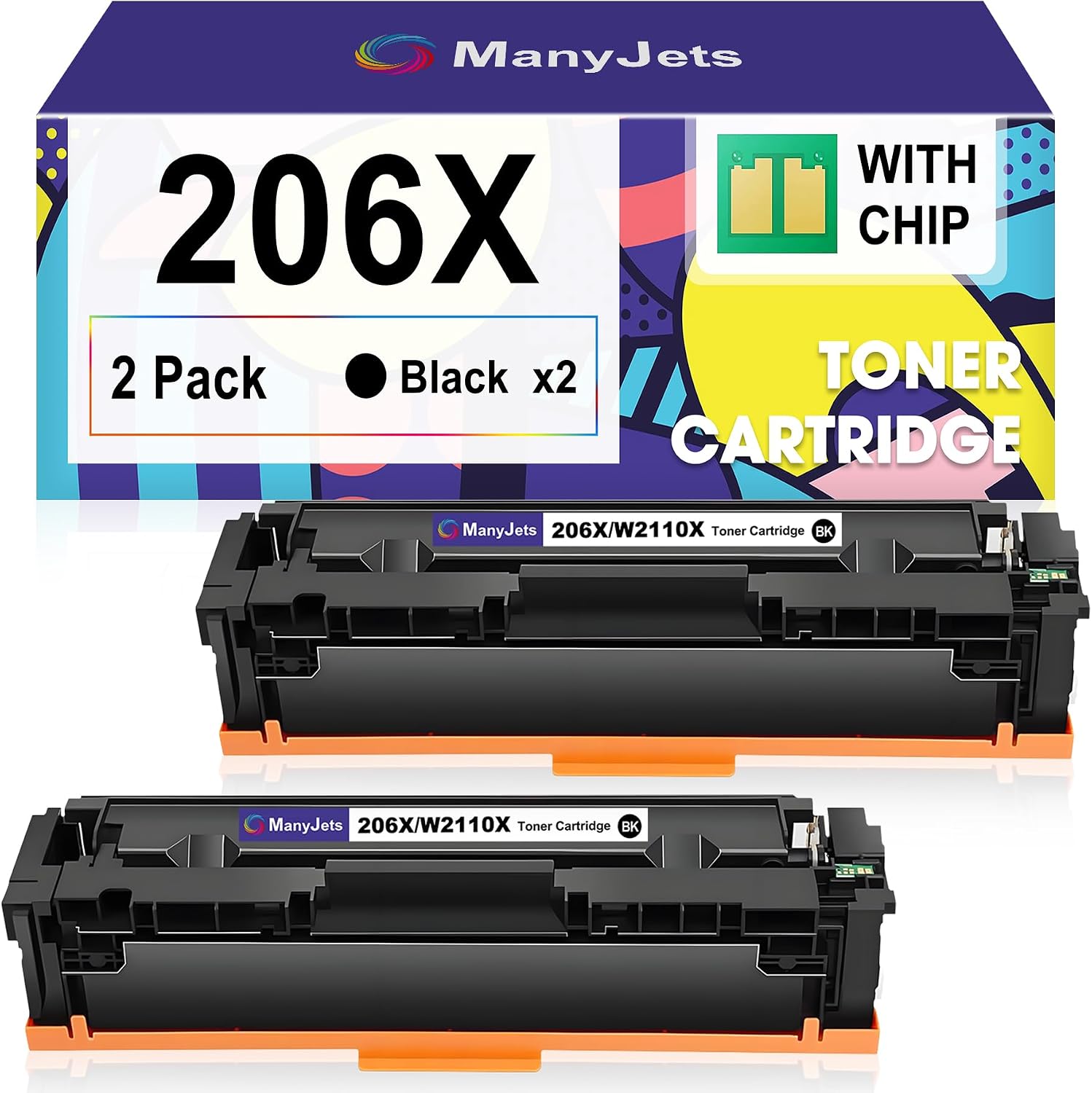 206X W2110X Black Toner Cartridge 2-Pack High Yield 206A W2110A Replacement for HP 206X W2110X Black Toner for Color LaserJet Pro MFP M283fdw M255dw M283cdw M282nw Printer Ink (with Chip)