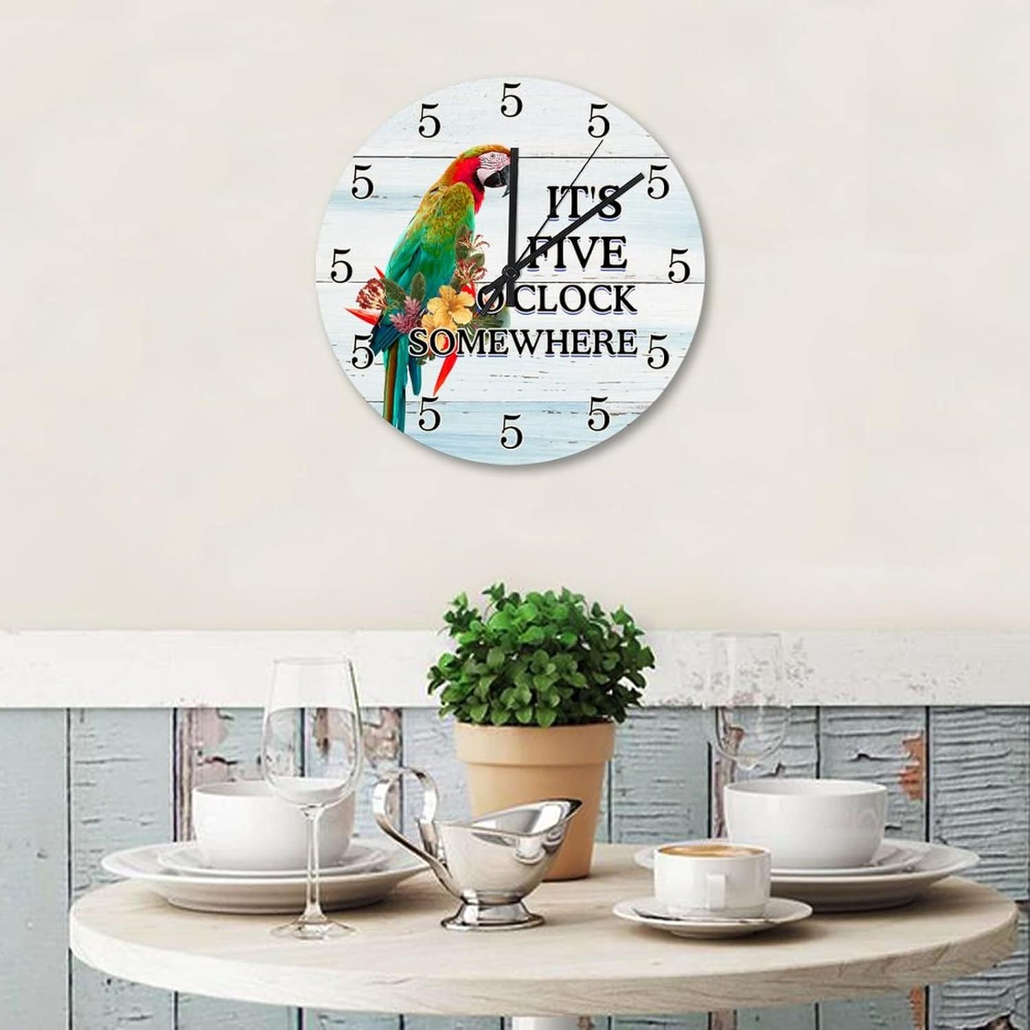 Wall Clocks It's 5 O'Clock Somewhere Parrot Indoor Wall Clocks Quartz Analog Quiet Bird Tropical Fruit Round Clock for Farmhouse Living Room Bedroom Kitchen Home 15 Inch