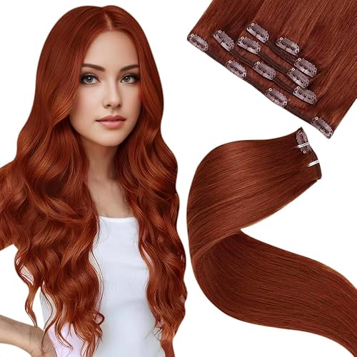LaaVoo Human Hair Clip In Extensions 18 Inch 5Pcs 80g Deep Auburn Brown