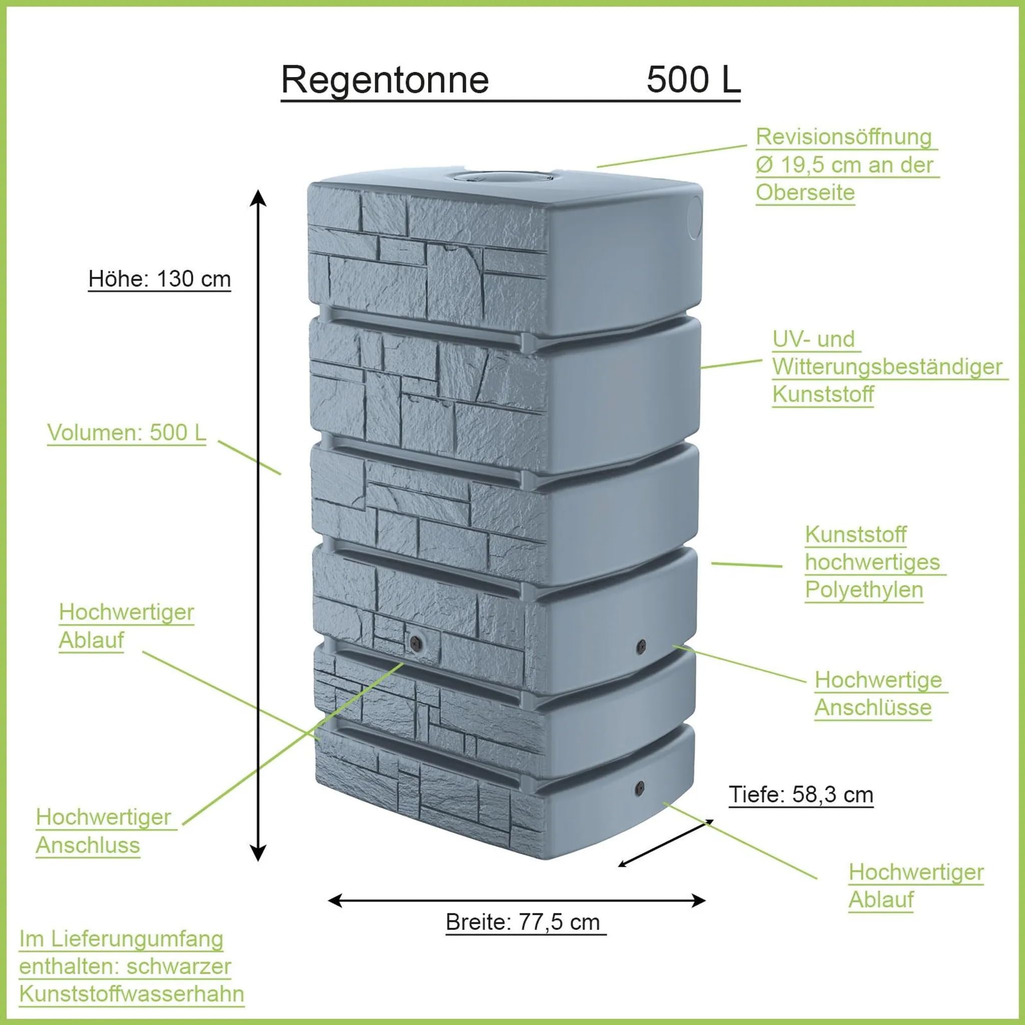 Regentonne 500L, Grau, Robuster Regenwasserspeicher für Garten, 130 x 77 x 58 cm