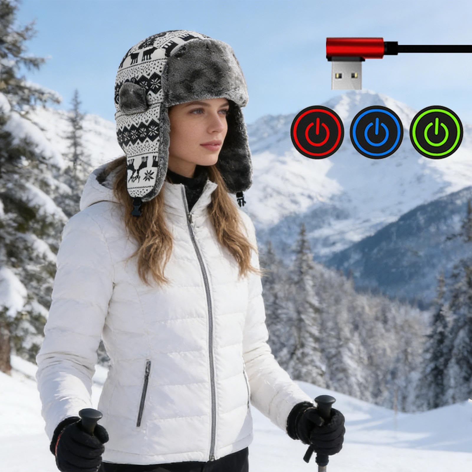 Gorro calefactor USB cálido y suave de felpa con tres ajustes | Gorro de trampilla de invierno con calefacción USB, para él, hombres, mujeres, adultos, ciclismo, caminata de pesca