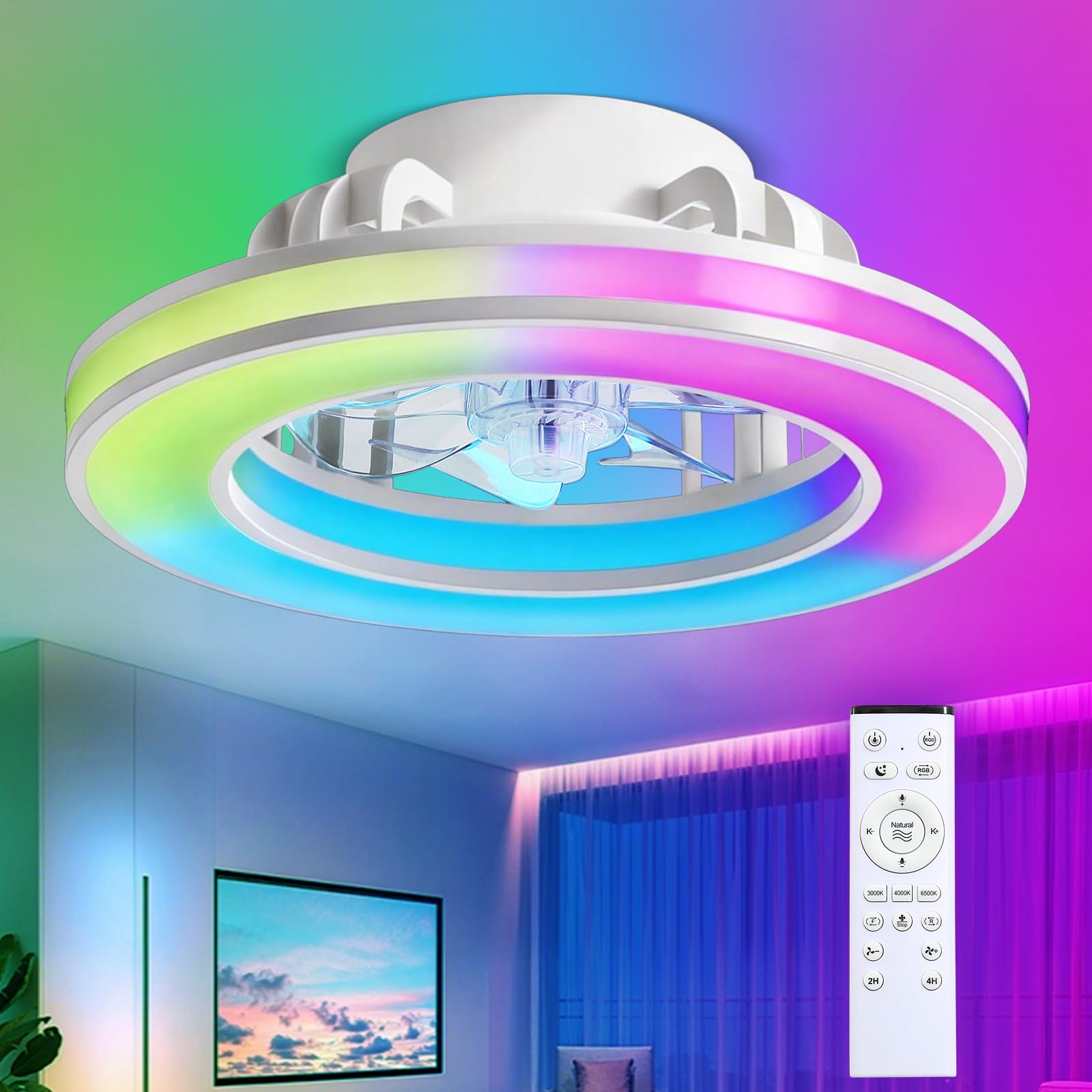 Ventilatore da Soffitto RGB Dimmerabile a LED | Bambino Cameretta Lampadario Ventilatore Reversibile con Telecomando, 6 Velocità Lampadario Per Camera Da Letto-White