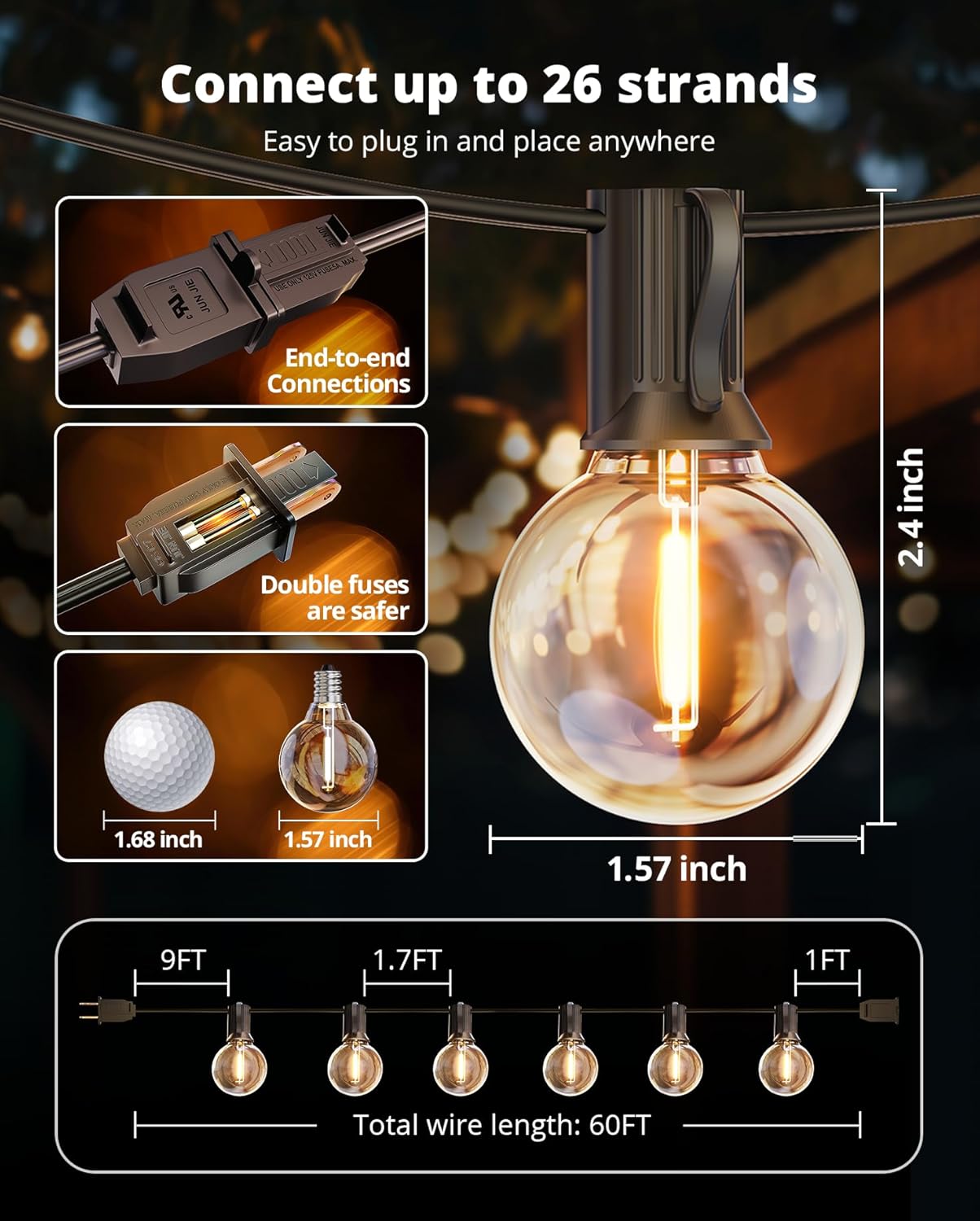 VIPAR Outdoor String Lights, 60FT 32 G40 Bulbs Patio Lights Outdoor Waterproof, Shatterproof Vintage Connectable LED Outside Hanging Light for Backyard, Porch, Garden, Deck, Bistro, 2700K Dimmable