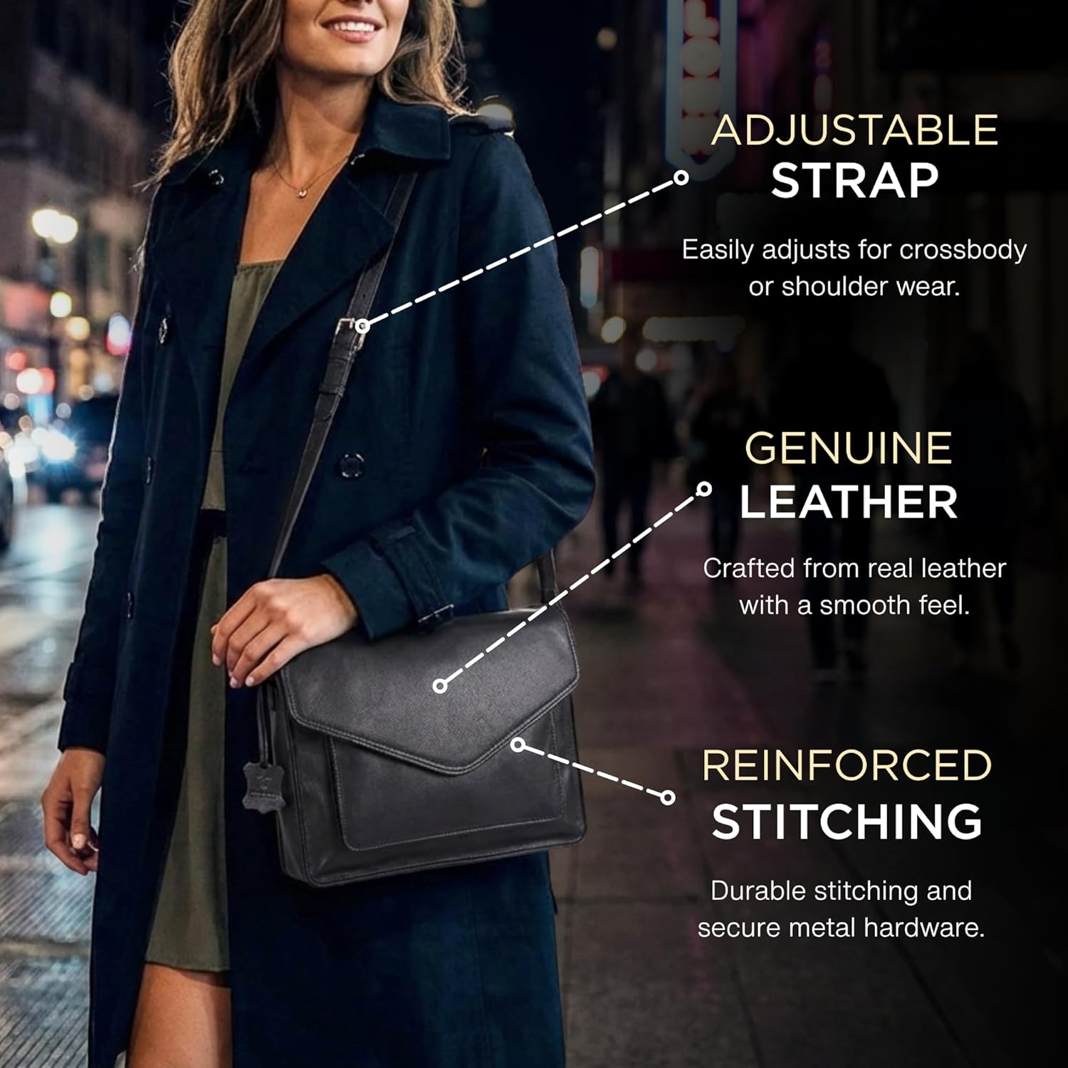 Leather Bag - Real Genuine Leather Crossbody Handbag | Vintage Messenger Satchel with Adjustable Strap | Shoulder Bag