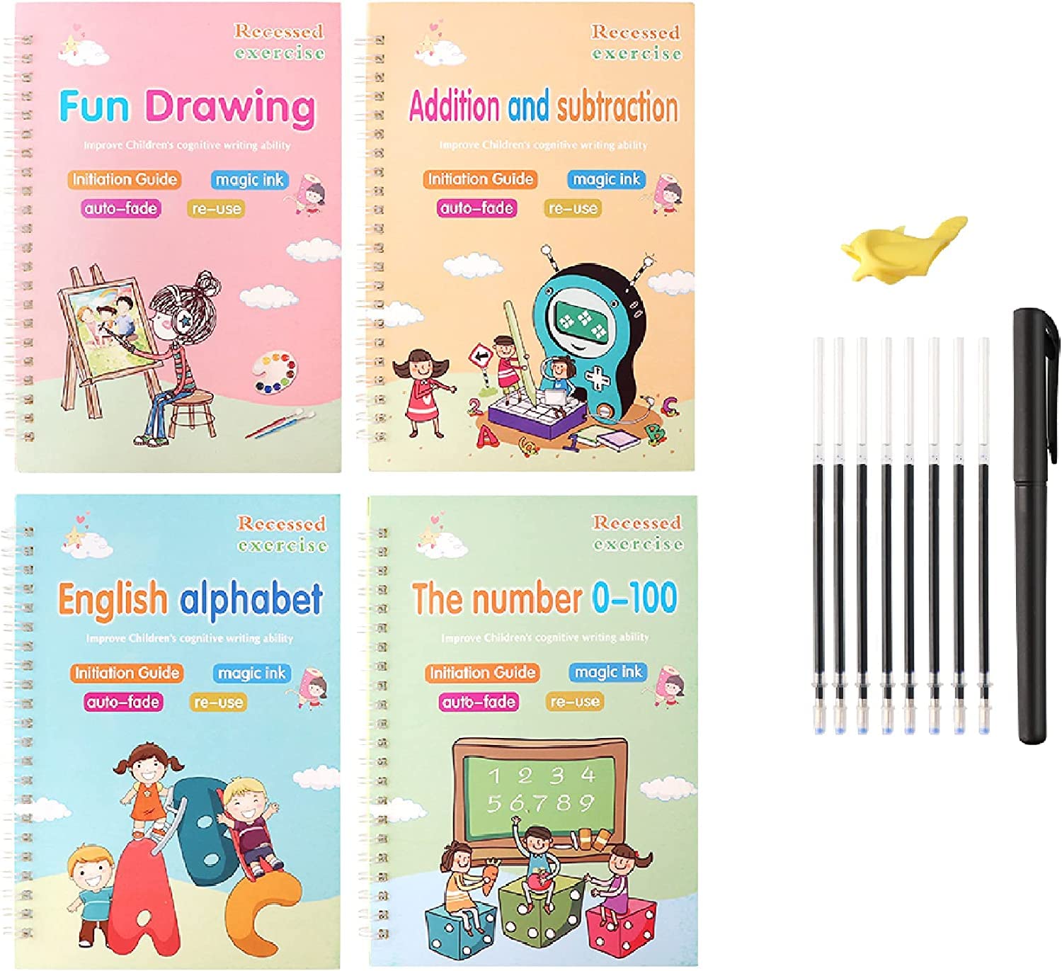 Magic Practice Books for Handwriting with Magic Pen and 8 Refills, Practice Copybook for kids, Reusable practice copybook, Fun Drawing, number tracing for kids 3-5, Practice Copybook for 6 year 4 PCS