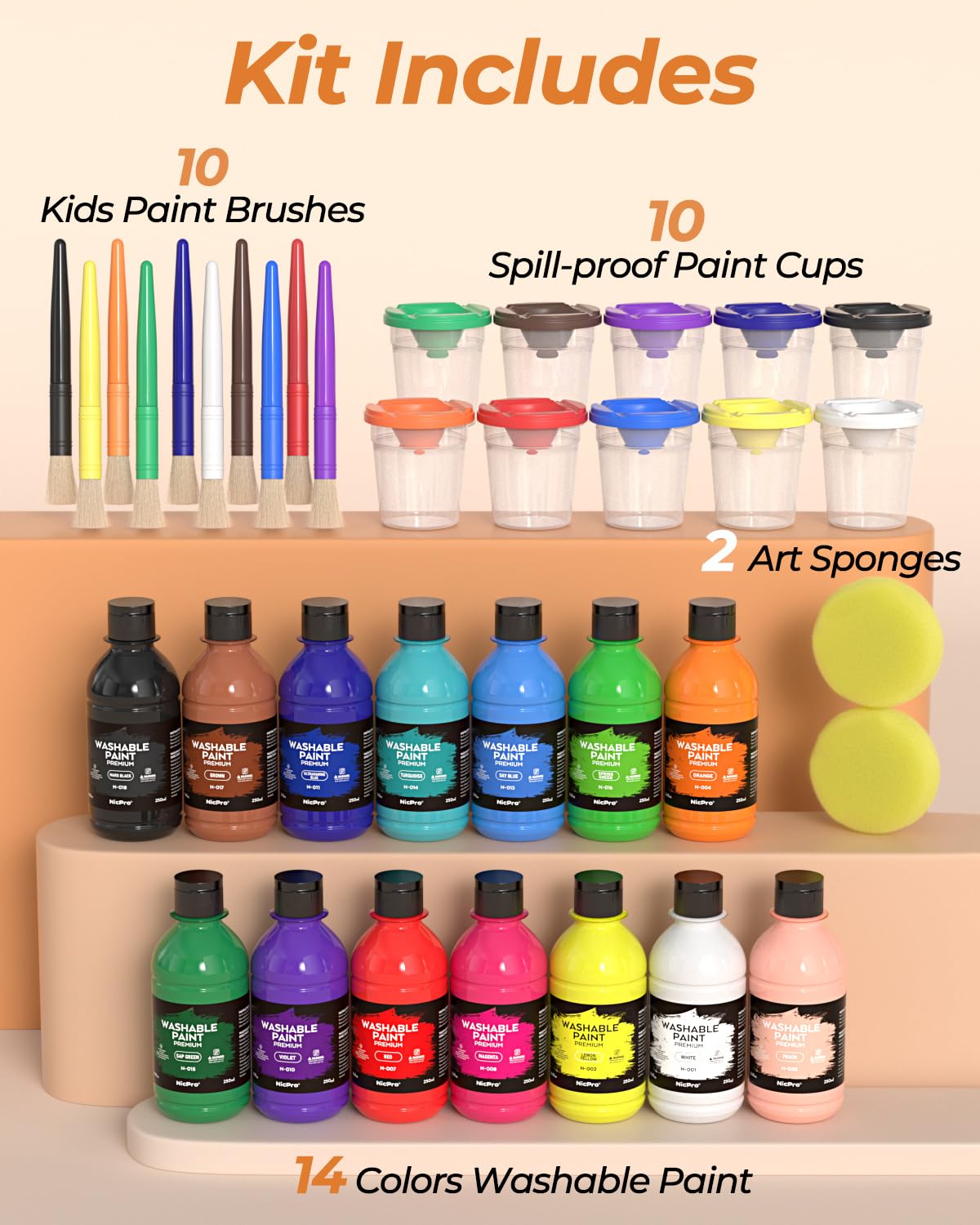 Nicpro Pintura lavable para niños, 14 colores, 250 ml, no tóxica, con pinceles, vasos y esponja