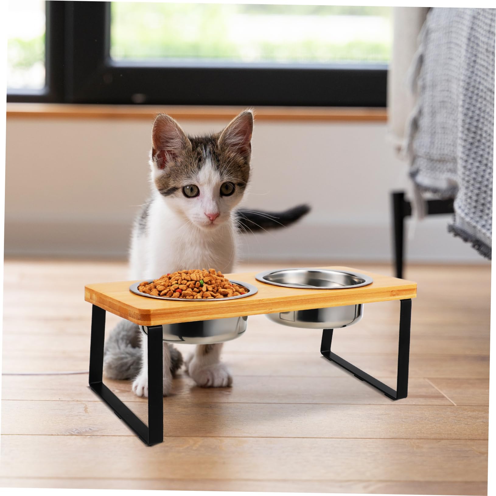Ciotole Rialzate Gatto Doppie in Acciaio Inox con Supporto | Base Antiscivolo, Altezza Ergonomica, Uso Interno per Gatto e Cane Piccolo, Design Elegante