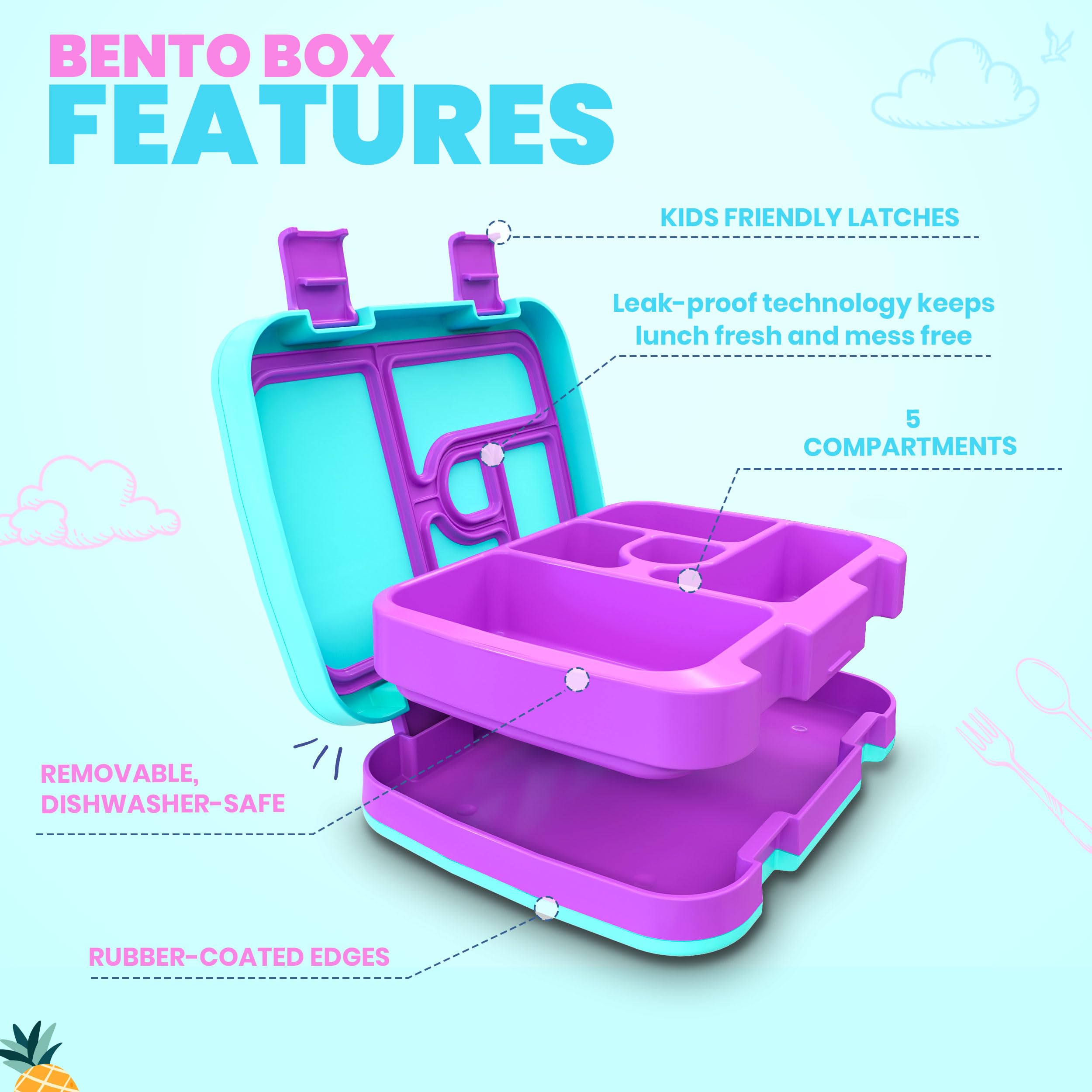 YOLAY Bento Box for Kids Lunch Box Leak-Proof, 5-Compartment Lunch Box Kids for Ages 3-10, Durable with Anti-Slip Base, Suitable for Schools, Outdoor and Travel (Unicorn)