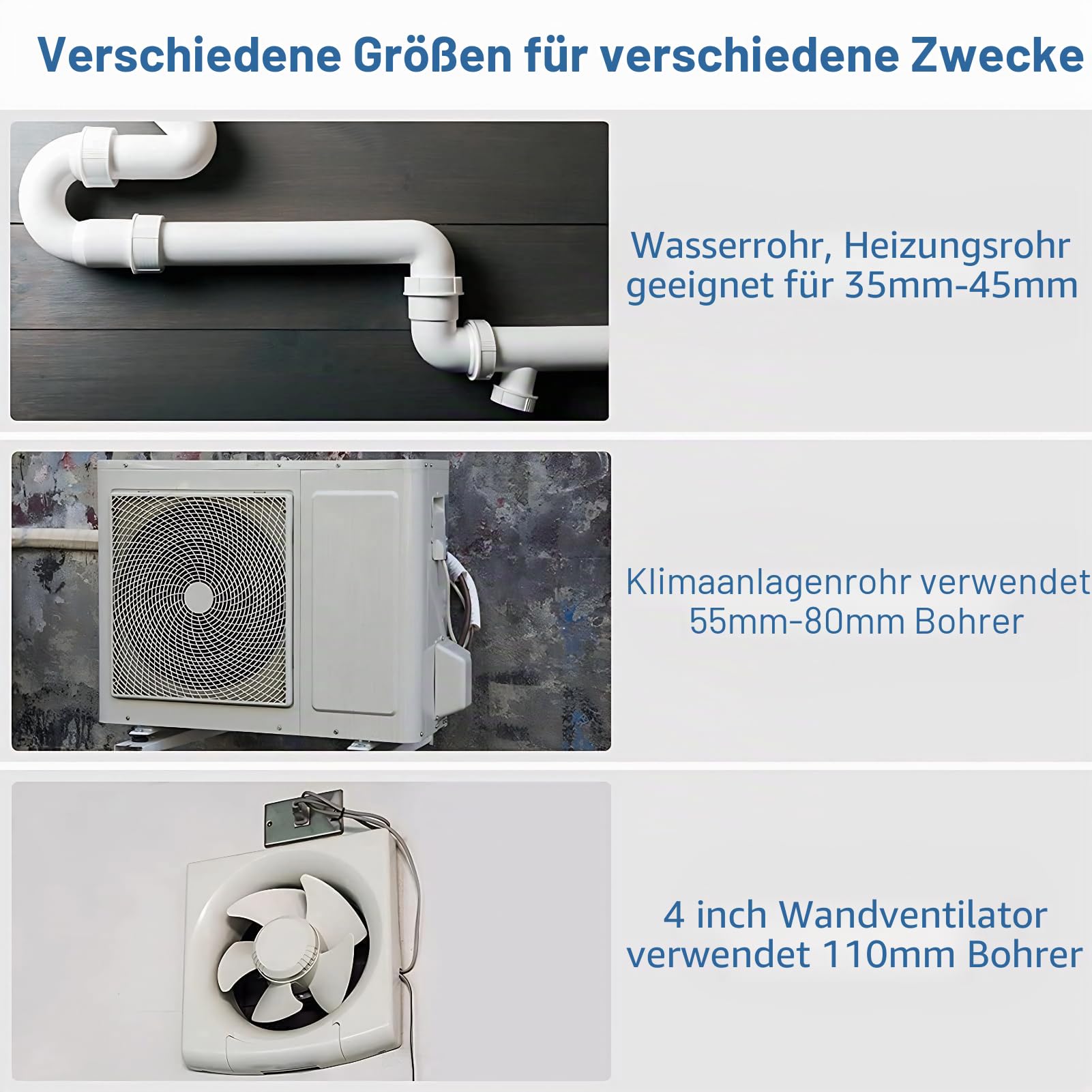 Greensen Bohrkronen-Set 6-teilig für Beton und Mauerwerk – SDS Plus Hohl-Bohrkrone, Dosenbohrer, Kernbohrer mit Zentrierbohrer – Ø 35/40/50/65/82/110 mm