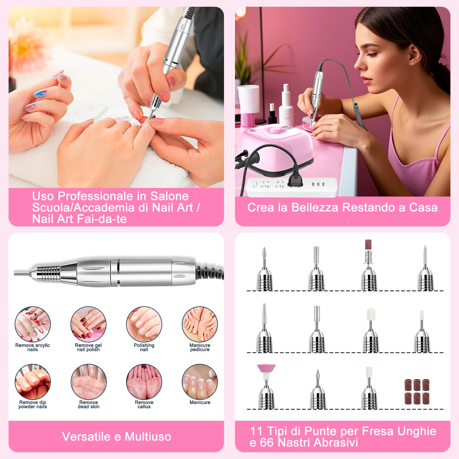 NAILGIRLS 11-in-1 elektrischer Nagelfräser für Maniküre und Pediküre, 35.000 U/min, einstellbare Geschwindigkeit, intelligente LED, tragbare elektrische Nagelfeile (Rosa)