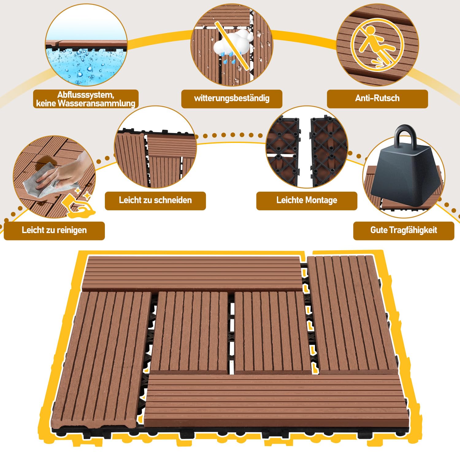 WPC Piastrelle per terrazza, 30x30cm 33 pezzi / 3m² Piastrelle per balcone a incastro con sistema di clic, impermeabili e antiscivolo, Adatti per balcone e giardino, Marrone