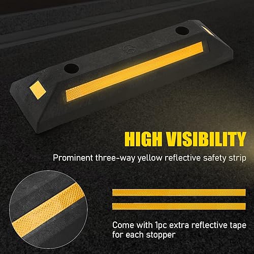 Miniatura 4 de ATPEAM Tope de goma para suelo de vehículo, paquete de 2 bloques de estacionamiento negros con rayas reflectantes amarillas para automóvil, camión,
