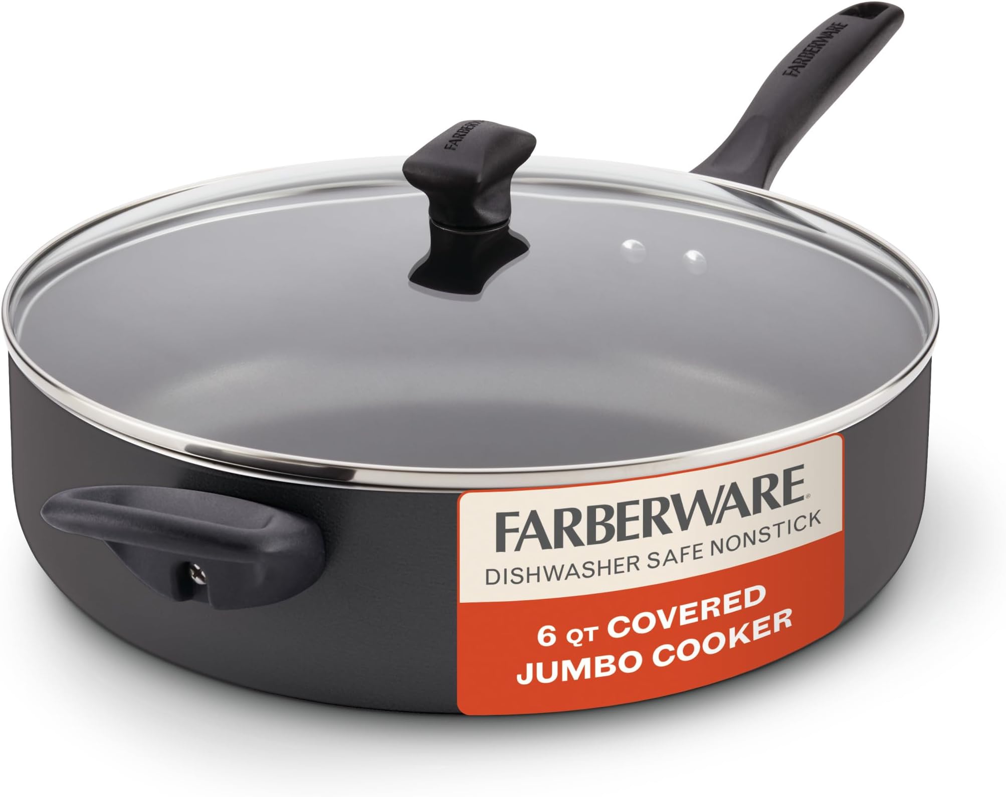 Farberware Nonstick Jumbo Cooker Chef's Saute Pan with Lid, 6-Quart, Black
