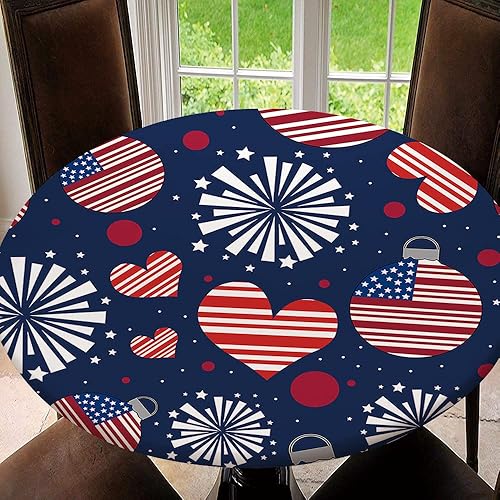 Mantel redondo ajustable con protector elástico de bandera estadounidense del 4 de julio, mantel impermeable a prueba de aceite, mantel de 40