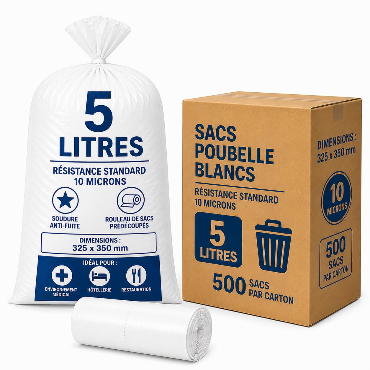 Sac Poubelle Blanc 110L – Carton 100 Sacs, Basse Densité 30 Microns, Haute Résistance, Alimentaire/Médical