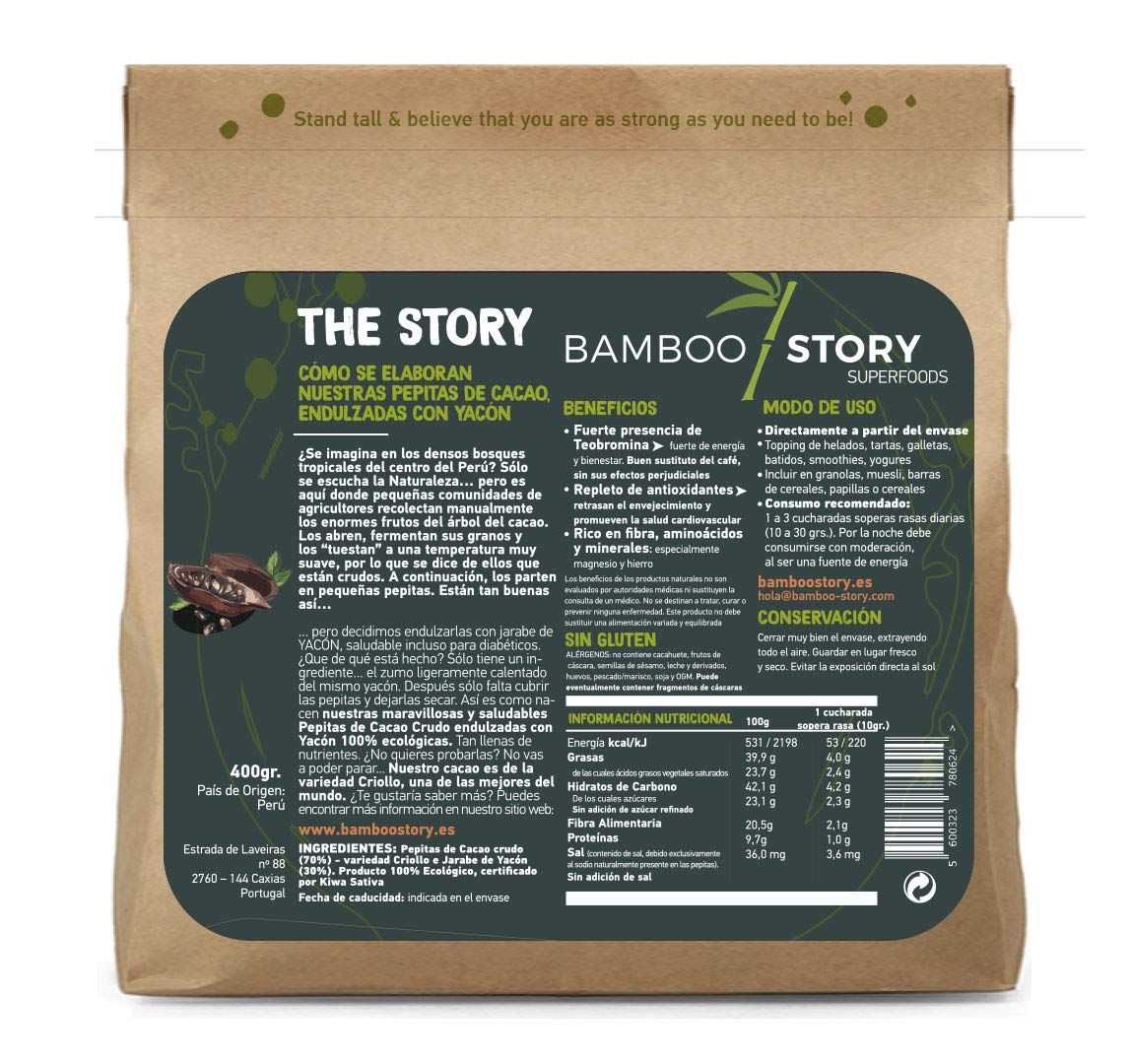 BAMBOO STORY Granella/Nibs Cacao Crudo DOLCIFICATO con Yacon Biologico 400 g - MOLTO SANO