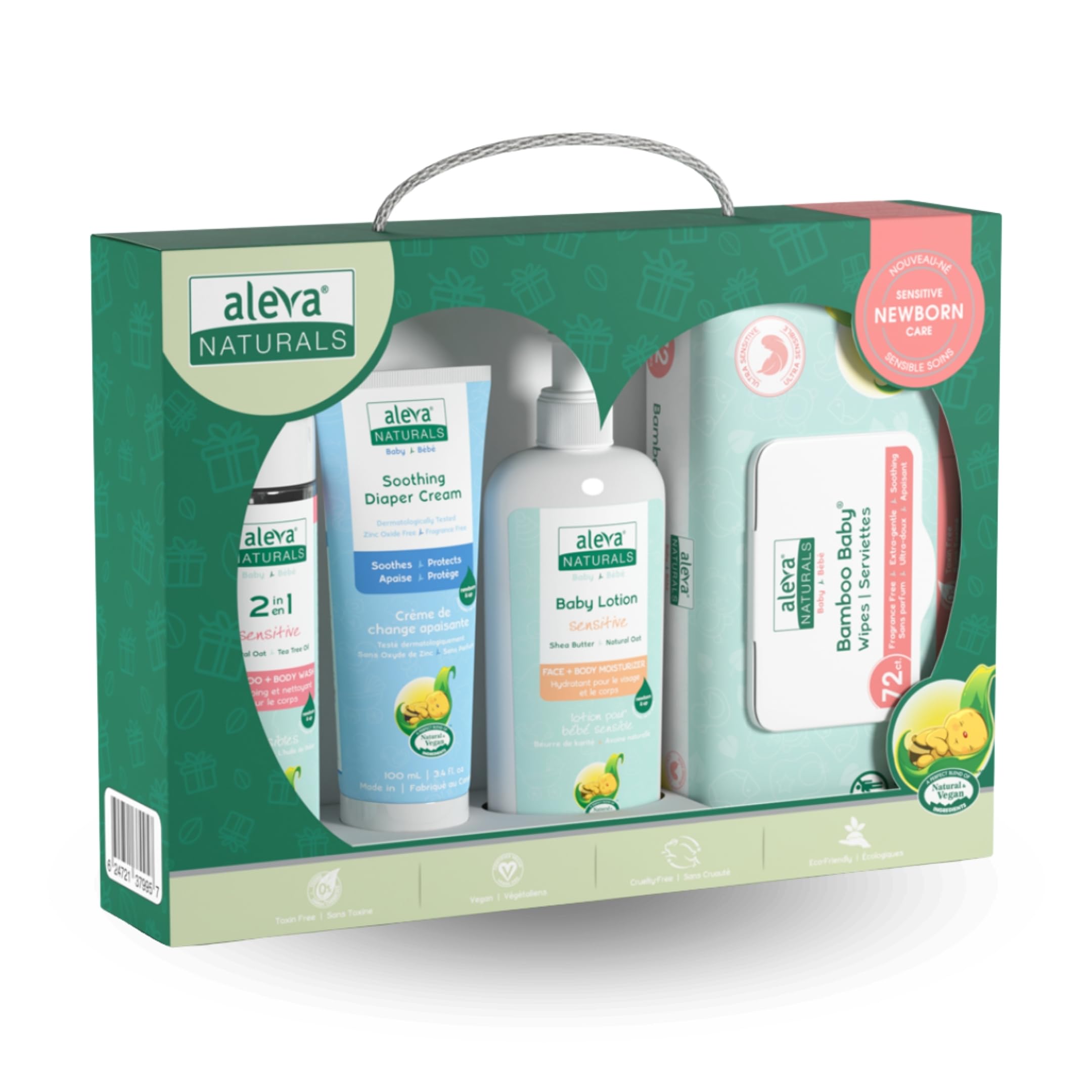 Aleva Naturals Newborn Baby Set – 100% natürliche Pflege für die empfindliche Haut Ihres Babys, hypoallergen, ohne Parabene & Sulfate, enthält Shampoo, Lotion, Windelcreme & Feuchttücher