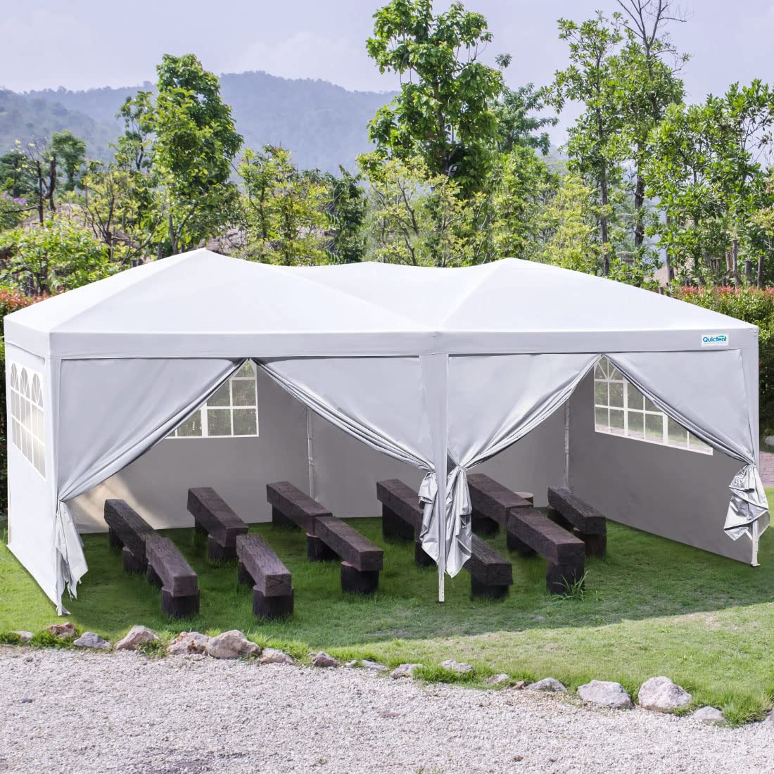 Quictent 10x20 party Canopy with Sidewalls,Easy up Canopy Tent for Parties, Enclosed Instant Folding Canopy with Church Window Sidewalls, (White,6 Walls)