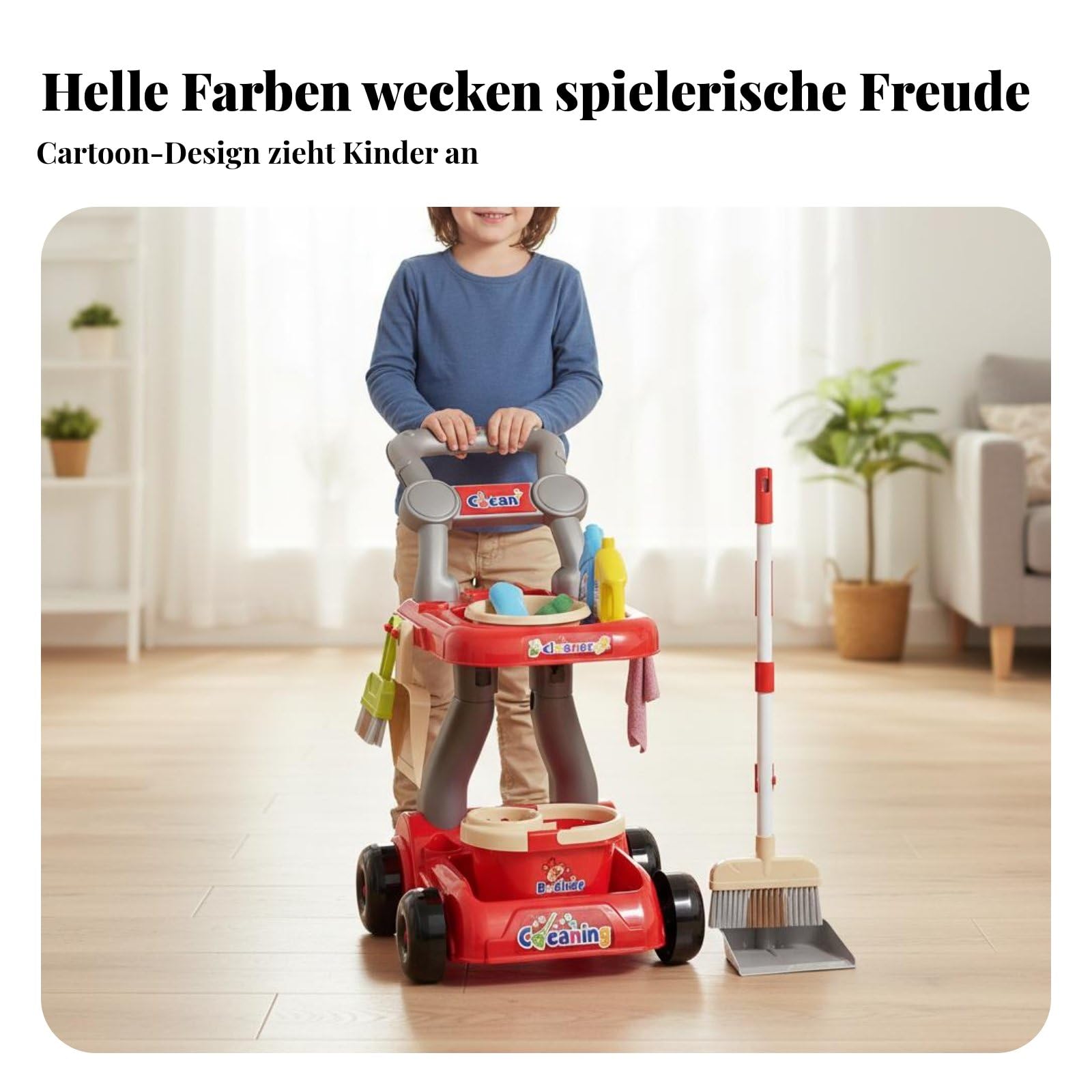 predolo Enfants Ensemble de Nettoyage Kit de Ménage Jeu d'Imitation Jouet Éducatif Balai Pelle Seau et Outils d'entretien Miniatures en Plastique Support , Rouge , Set Trolley 18pcs