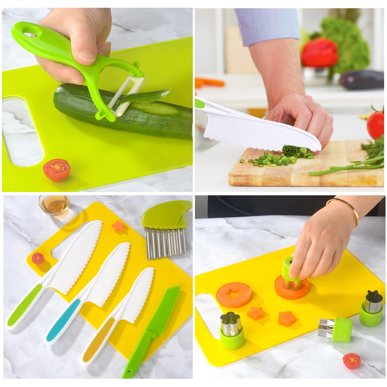 Kindermesser 18-Teiliges Kinder-Küchenmesser-Set, Sicherheit Kndermesser, Sicherheit Küchenmesser zum Schneiden Obst Oder Gemüse, Inklusive Gemüse Ausstechformen Holzmesser Schneidebrett Handschuhe