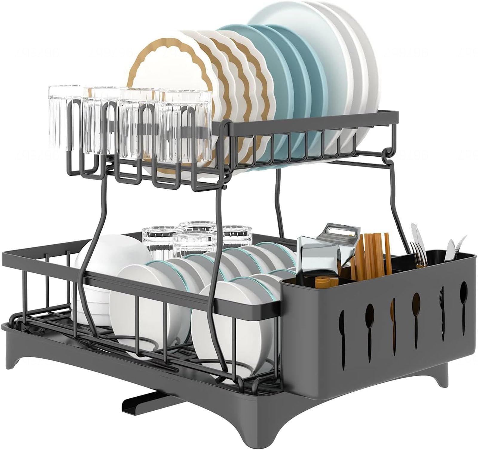 Escurridor de platos grande, juego de secado de platos de 2 niveles con escurridor, coladores de platos negros con cubiertos y portavasos, para una organización óptima en la encimera de la cocina