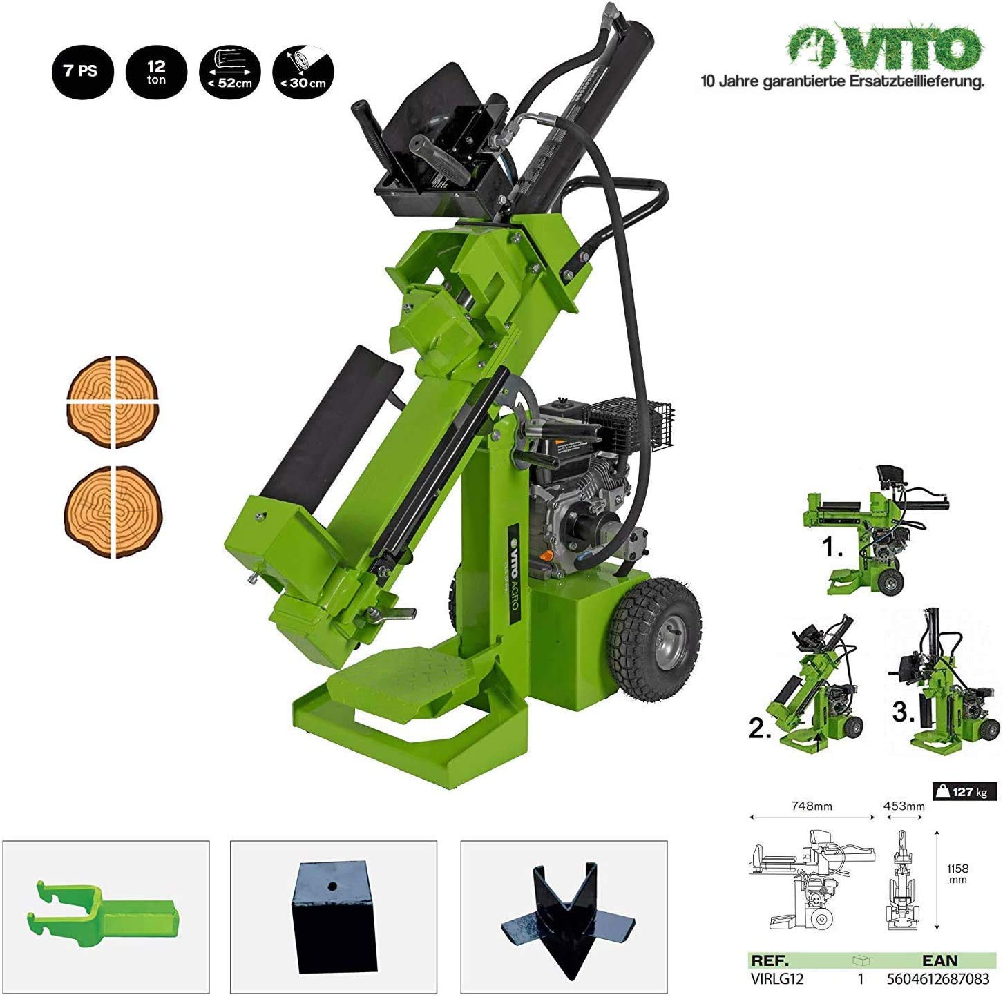 VITO - Fendeuse de Bûches Thermique 12 Tonnes 7 CV 5,2 kW Moteur Essence 208 cm³ Coupe Max 52 cm 3 Positions de Fente Usage Intensif Autonomie 2h30 Professionnel