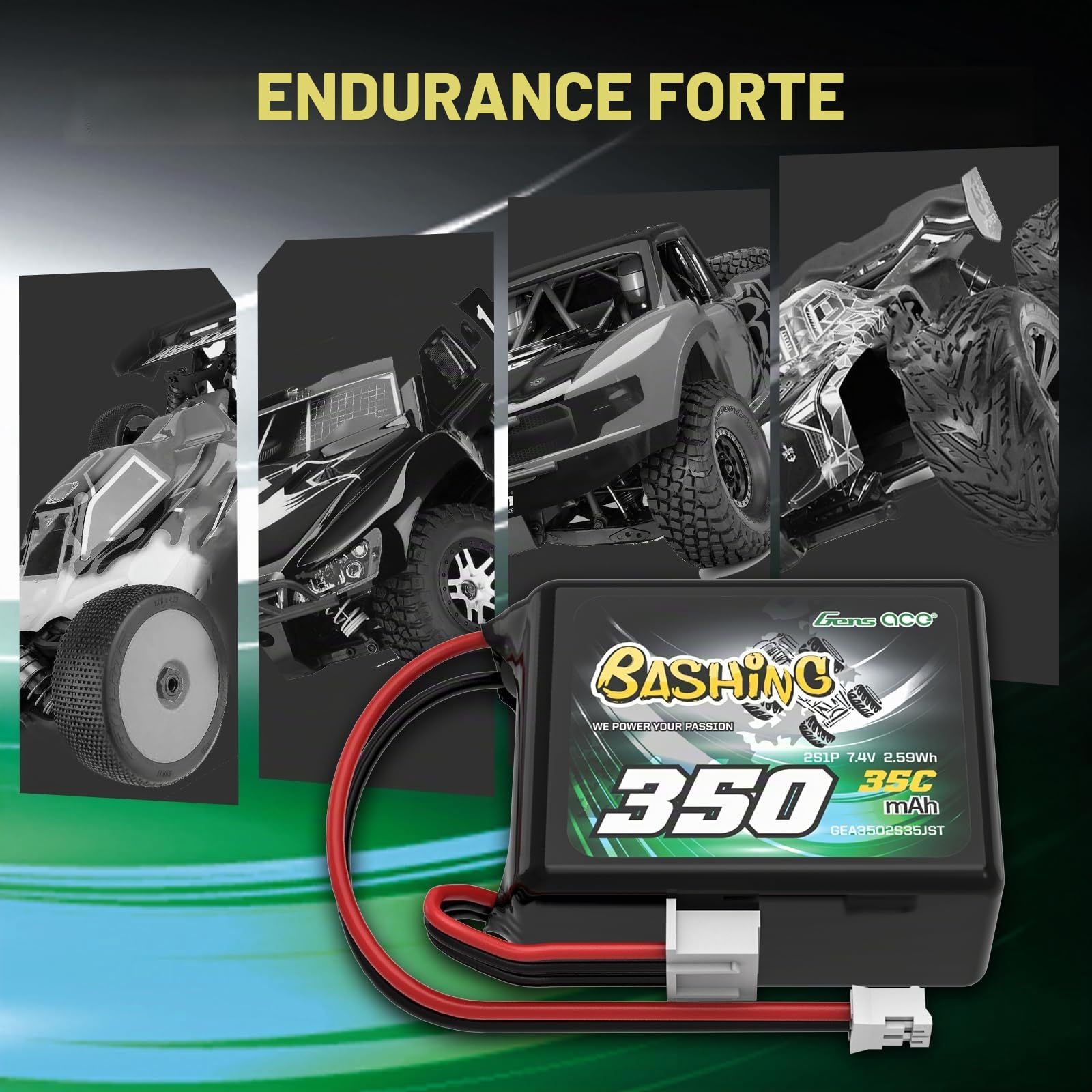 Gens ace Batterie Lipo 2S 350 mAh 7,4 V 2S1P 35C Bashing LiPo avec prise JST-PHR, pour Losi 1/24 Scale RC Cars