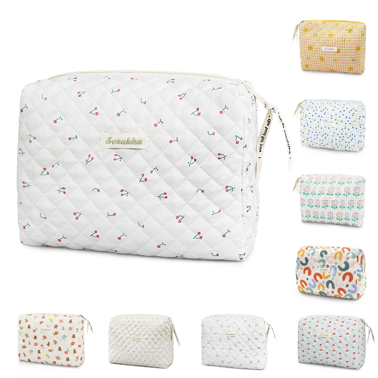 Travel Toiletry Bag, Cotton Floral Travel Makeup Bag, Portable Cosmetic Bag, Traveling Makeup Storage Bag for Women Girls (Cherry-White)