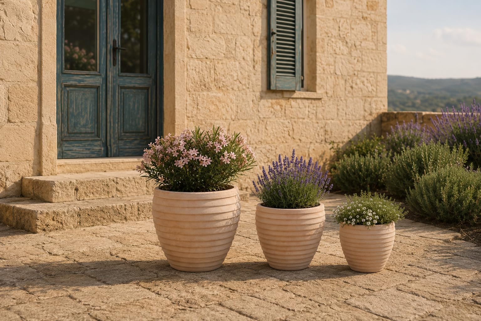 Terracotta Pflanzkübel Stripes Mediterran Blumentopf Garten Terasse Indoor & Outdoor Frostfest (3er Sparset)