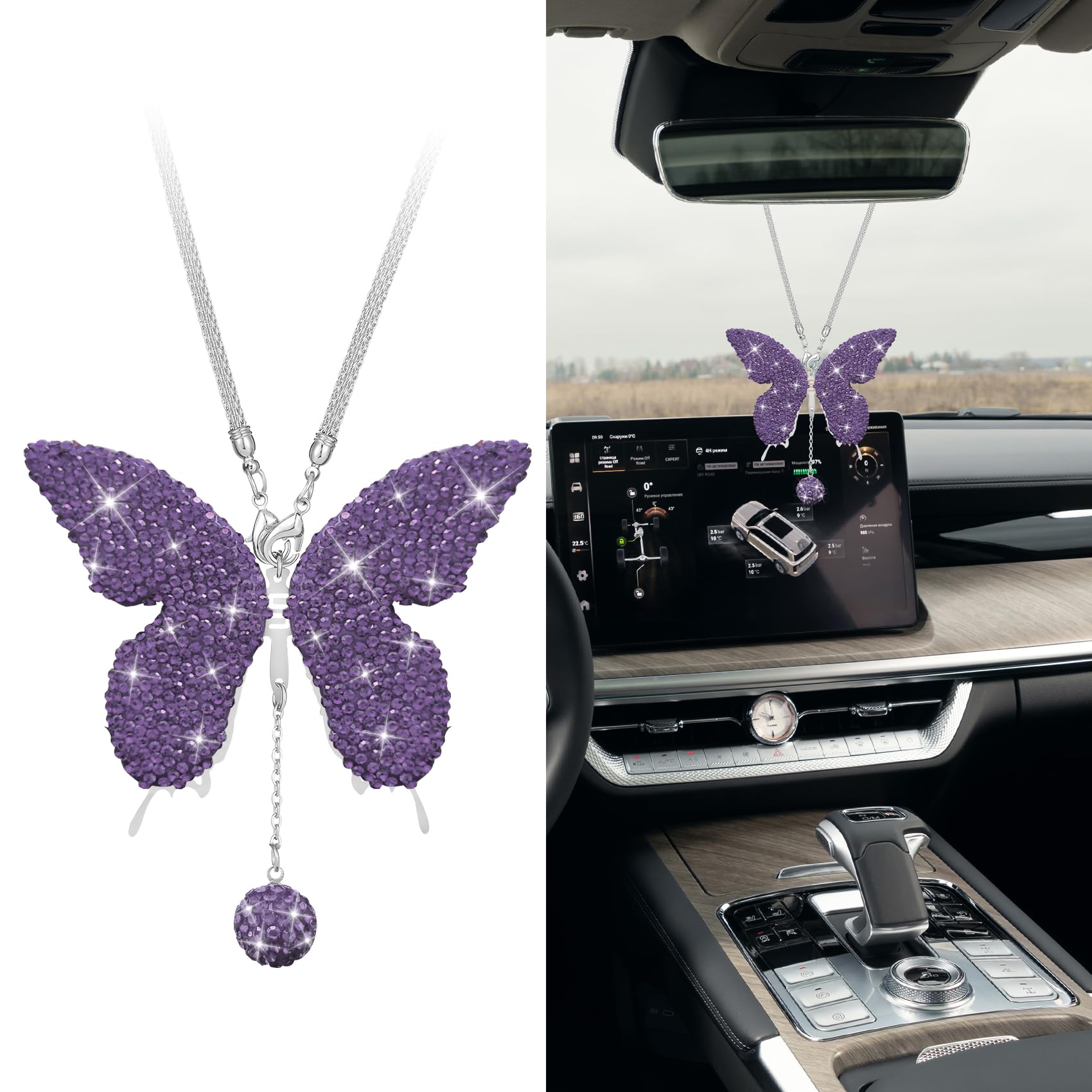 QZTYTY Bling Butterfly Diamond Car Accessories, Car Mirror Hanging Accessories, Crystal Rhinestone Auto Rear View Mirror Charms, Lucky Diamond Auto
