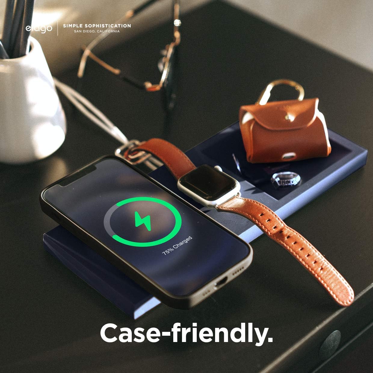 elago Charging Tray Duo for MagSafe Charger and Apple Watch Charger, Compatible with iPhone 16/15/14/13/12, AirPods Wireless Case [Jean Indigo][Charging Cable Not Included]