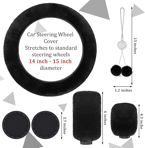 Miniatura 3 de Frienda 6 Pieces Fluffy Car Accessories Set Bling Fluffy Steering Wheel Cover Soft Fuzz Handbrake Gear Shift Cover Bling Mirror Fuzz Car Pad