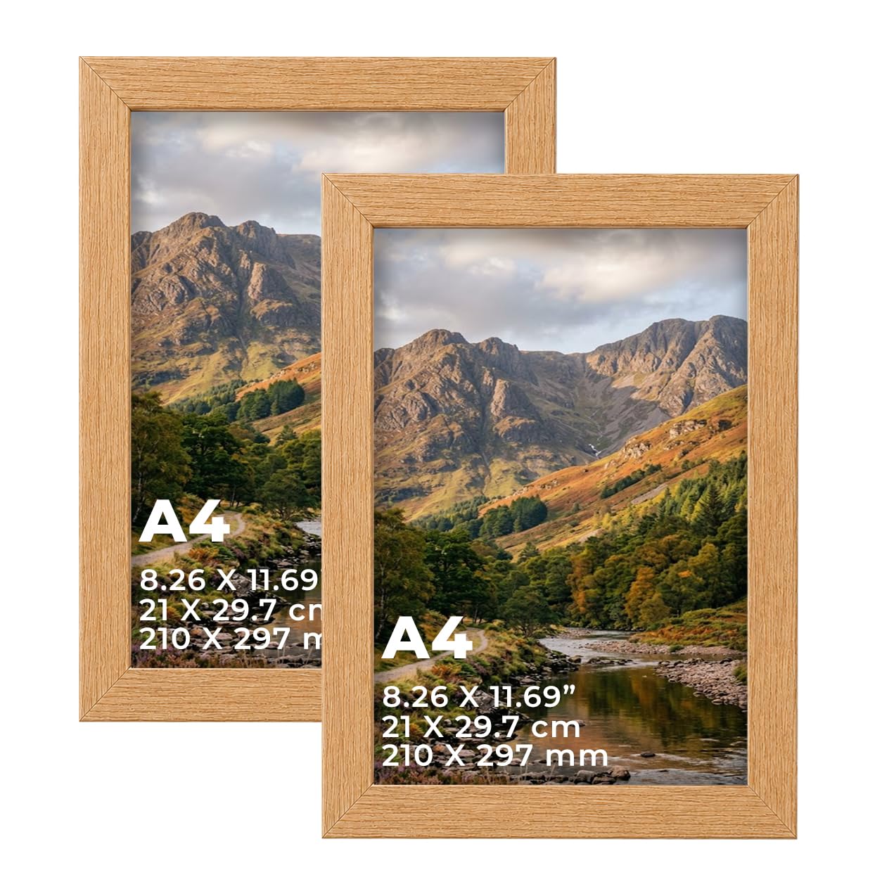 DECORO Oak A4 (21x29.70 CM) Pack of 2 Picture Frame with Plexiglass Front & Engineered Wood Construction, Wall Hanging Display for Photos, Posters, Prints & Artwork, Portrait or Landscape