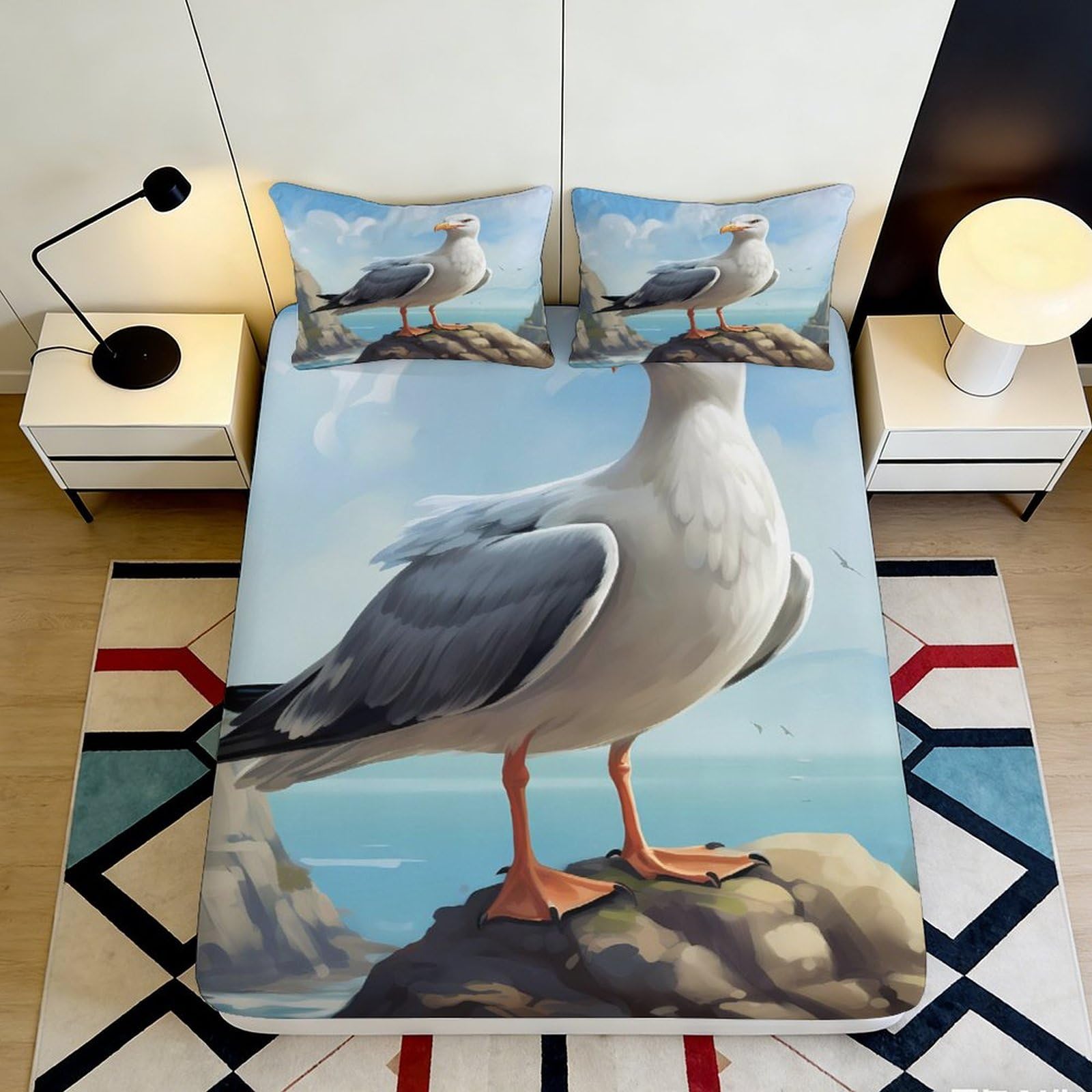 3D Printed Seagull Fitted Sheet Microfiber Soft Breathable Ocean View Bed Cover for Bedroom Dormitory Guest Room Mattress Protection Decor 160x200x25cm