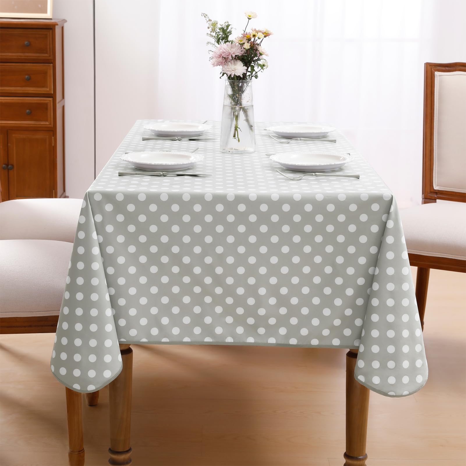 Romanstile Mantel de hule grande 140x320 cm gris con puntos, mantel para exteriores lavable de PVC, mantel para jardín resistente a la intemperie, tela moderna de mesa para decoración de cumpleaños