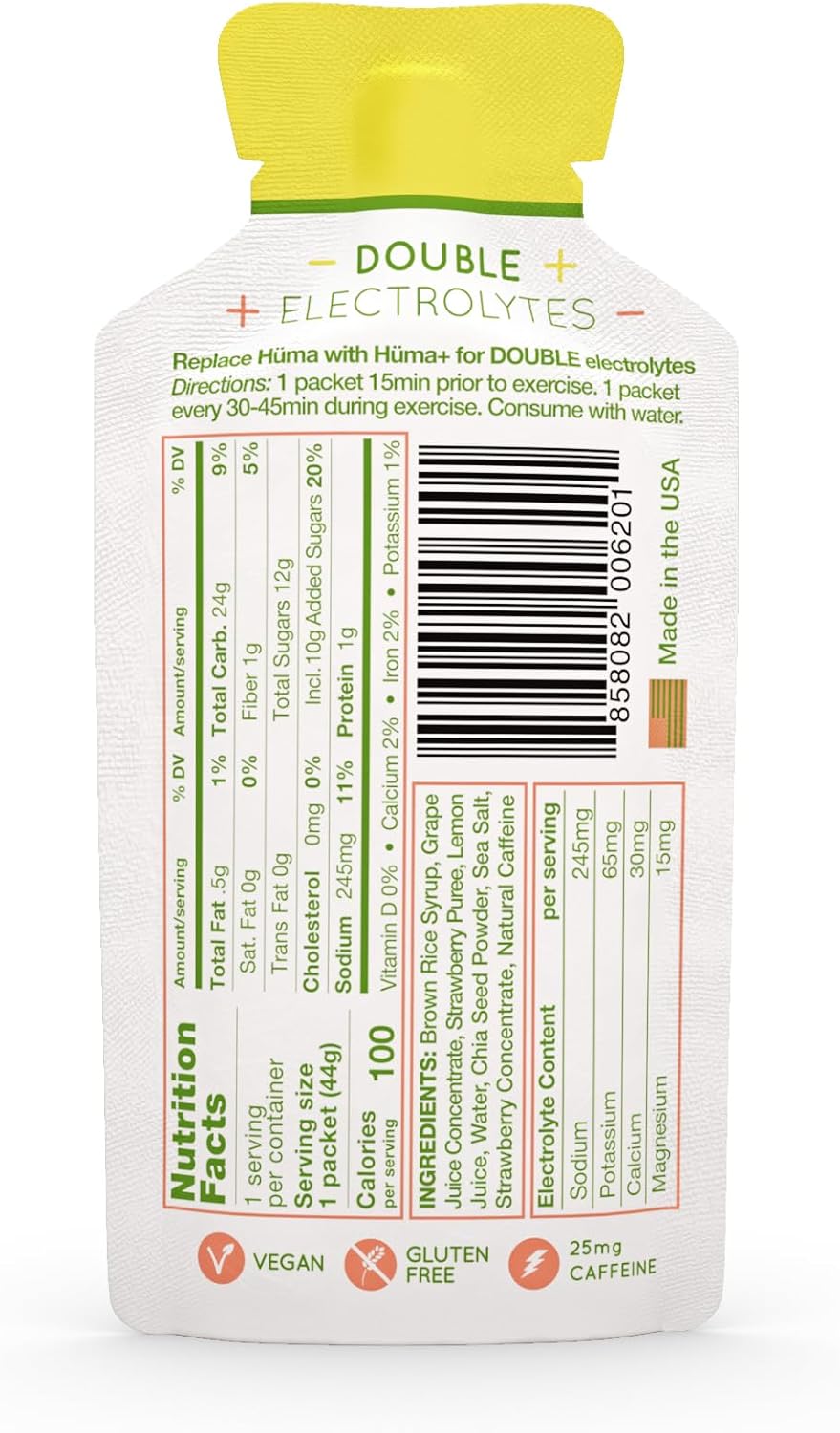 Huma Plus (Double Electrolytes) - Chia Energy Gel, Strawberry Lemonade, 12 Gels, 25mg Caffeine - Stomach Friendly, Real Food Energy Gels